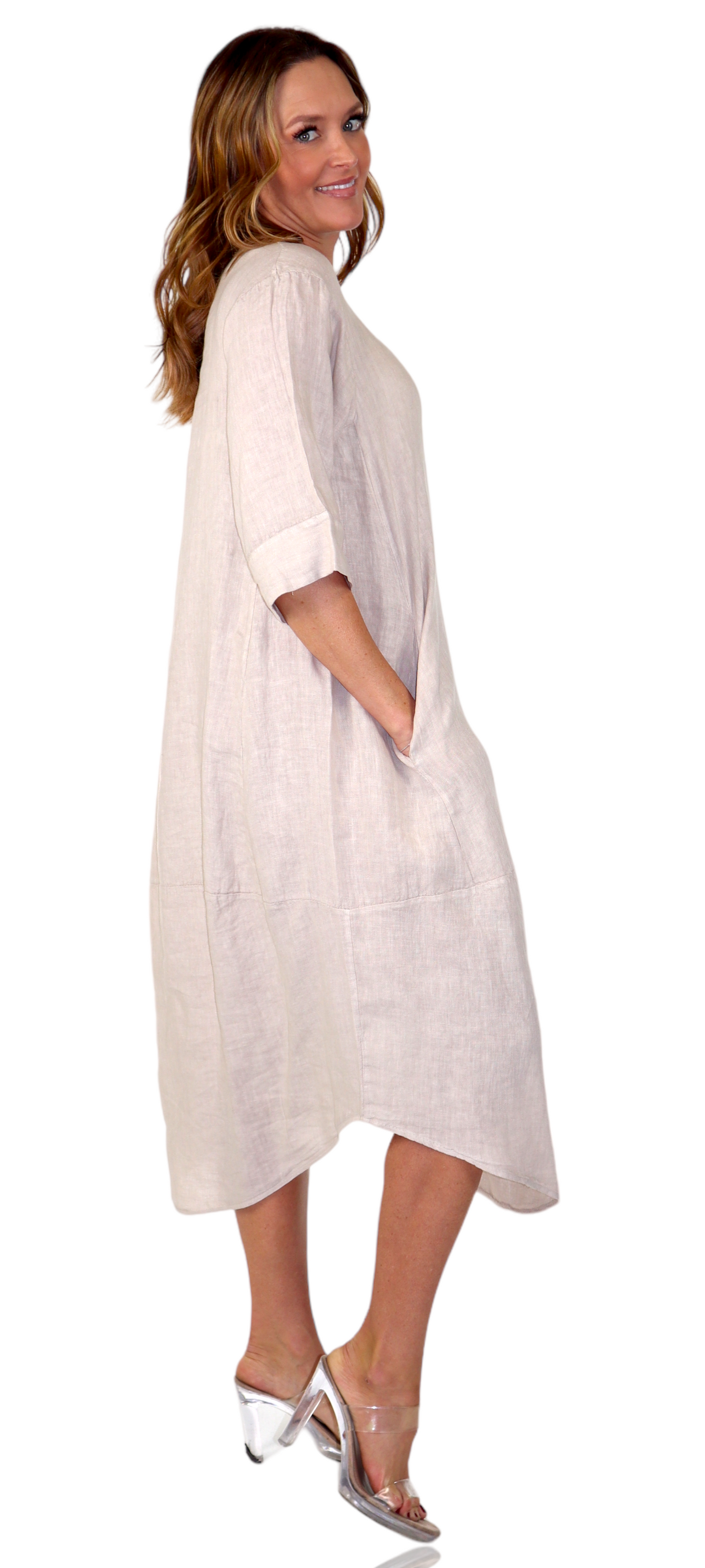 Womens 100% Pure Linen Breathable Boho Balloon Hem Dress w/ Side Pockets
