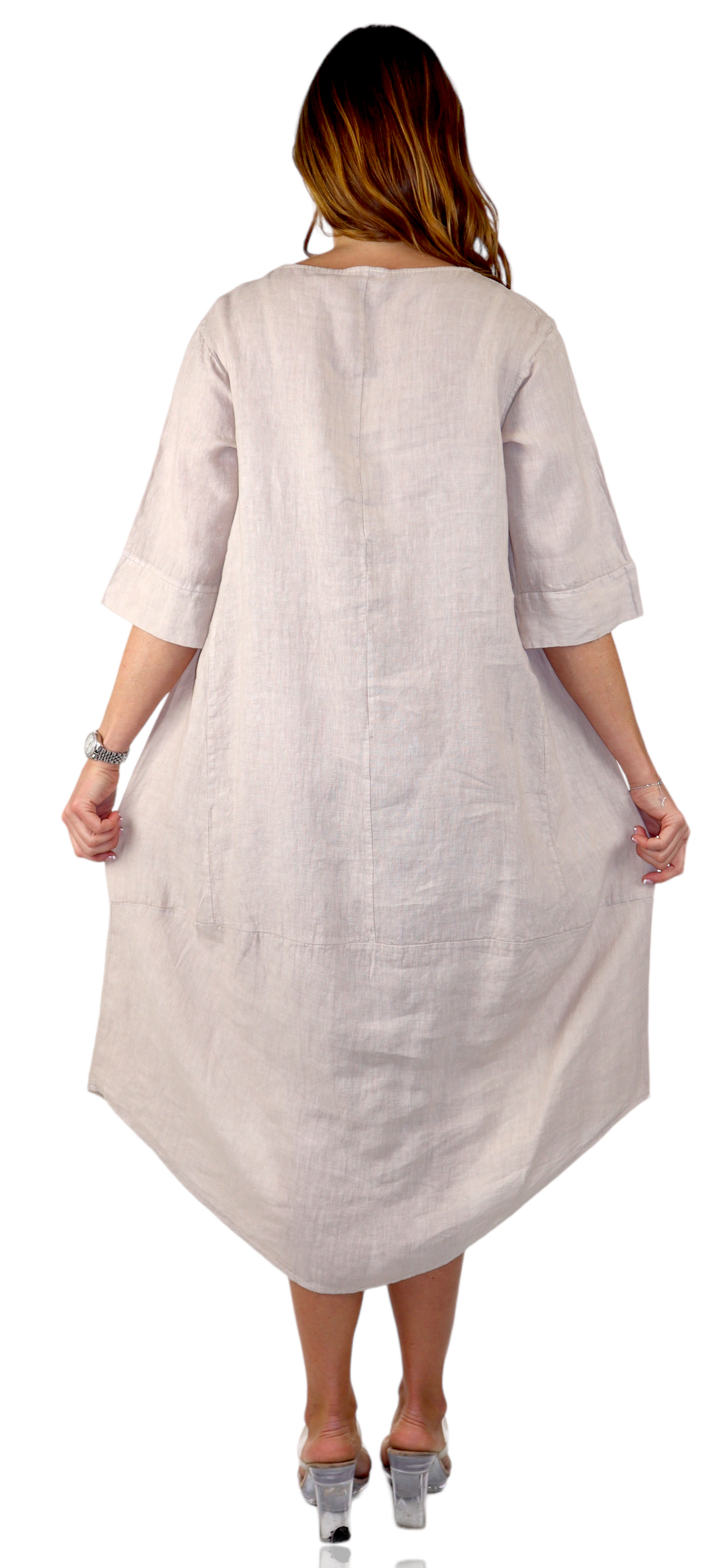 Womens 100% Pure Linen Breathable Boho Balloon Hem Dress w/ Side Pockets