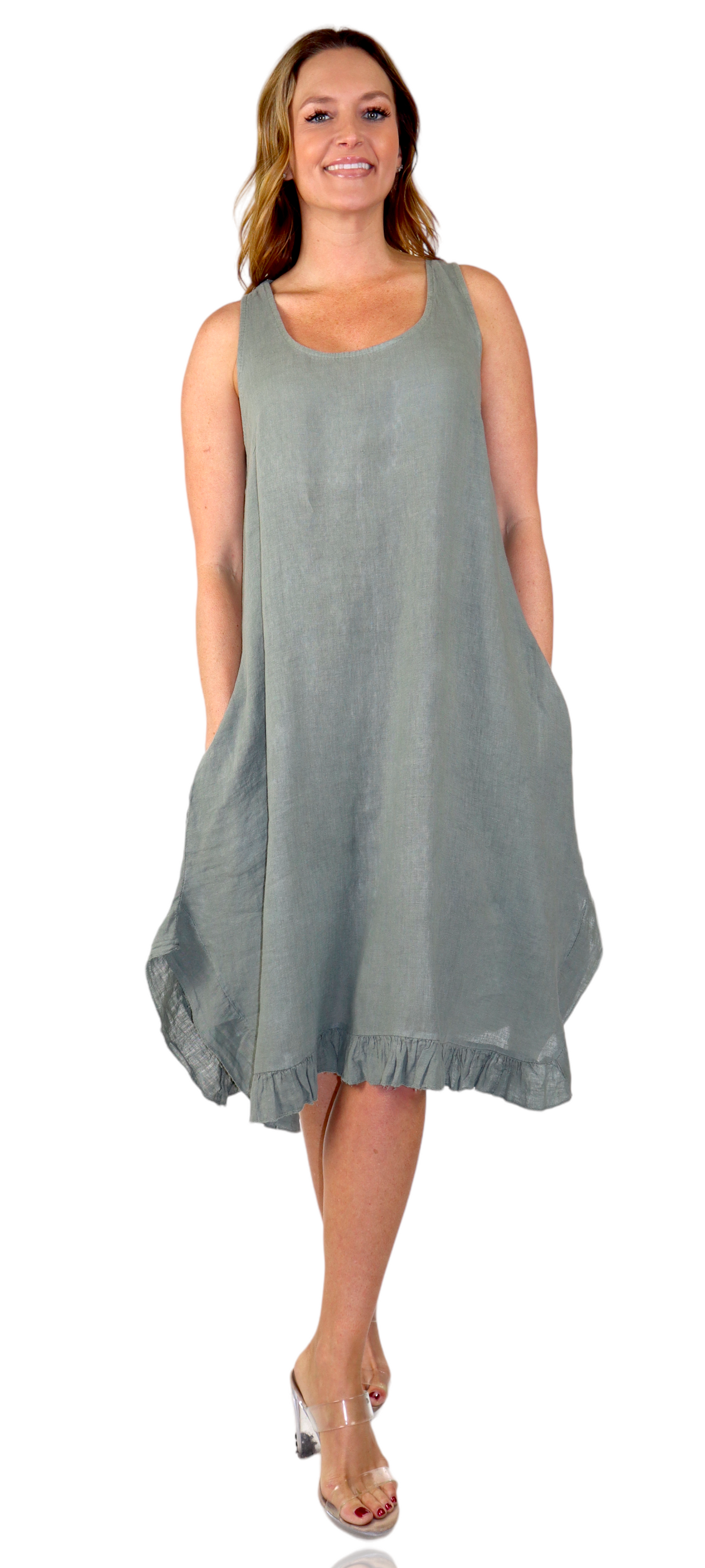 Womens 100% Linen Bohemian boho Linen Midi Sun Dress