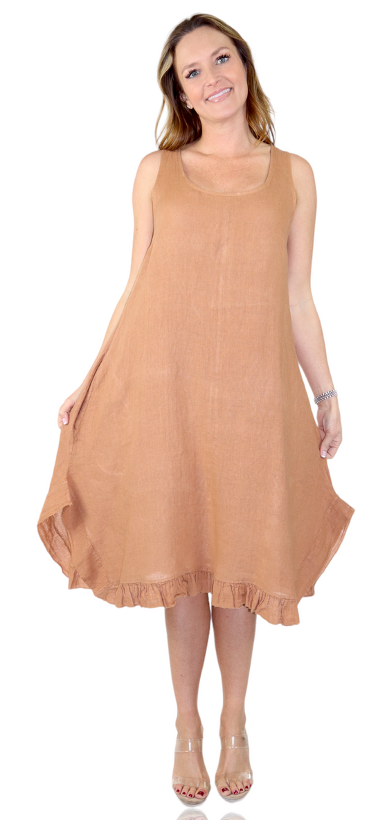 Womens 100% Linen Bohemian boho Linen Midi Sun Dress