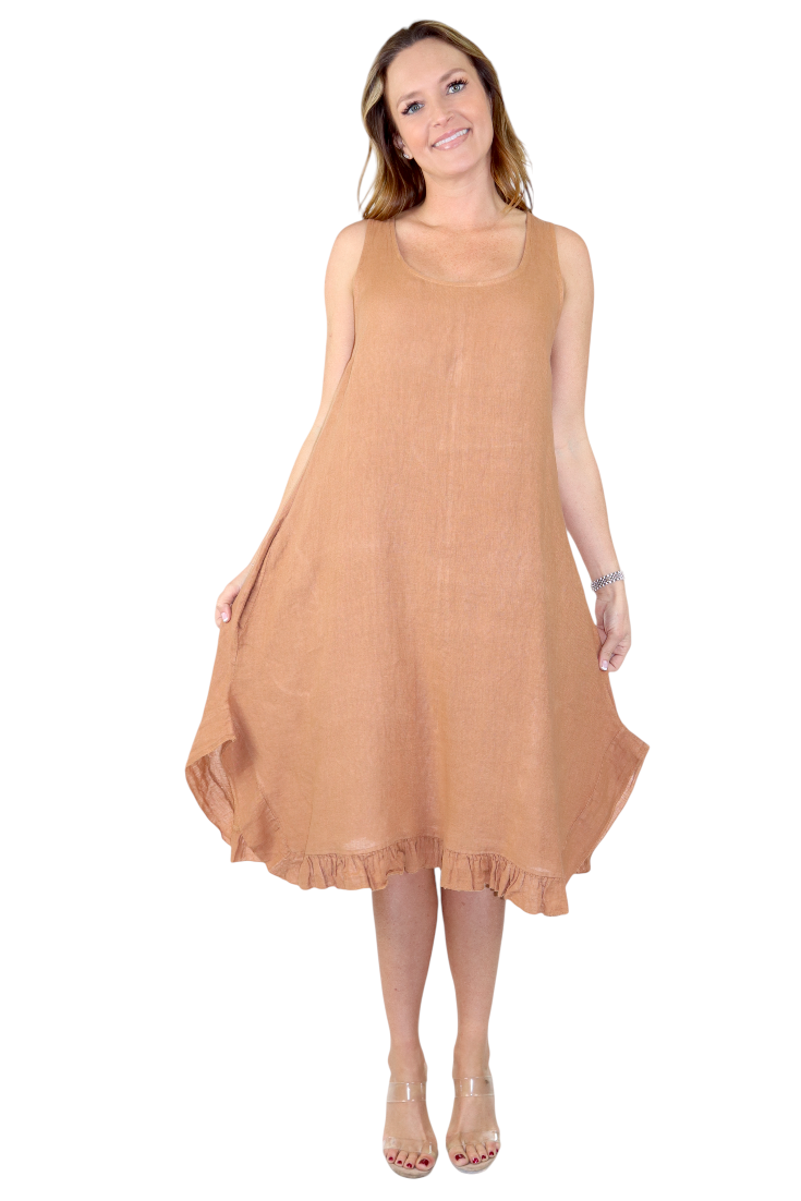 Womens 100% Linen Bohemian boho Linen Midi Sun Dress