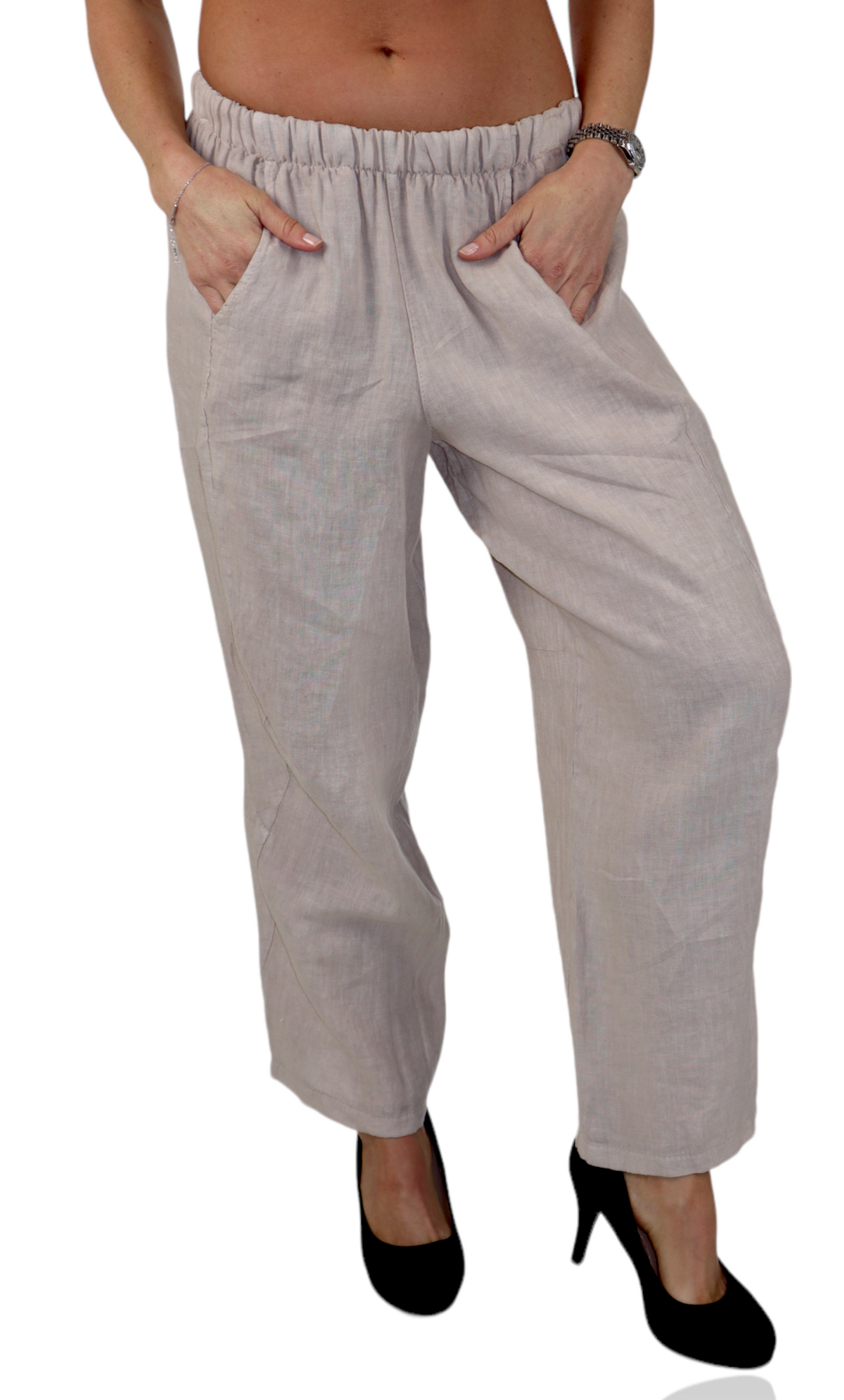 Women 100% Pure Linen Relaxed Fit Breathable Pants w/ Side Pockets