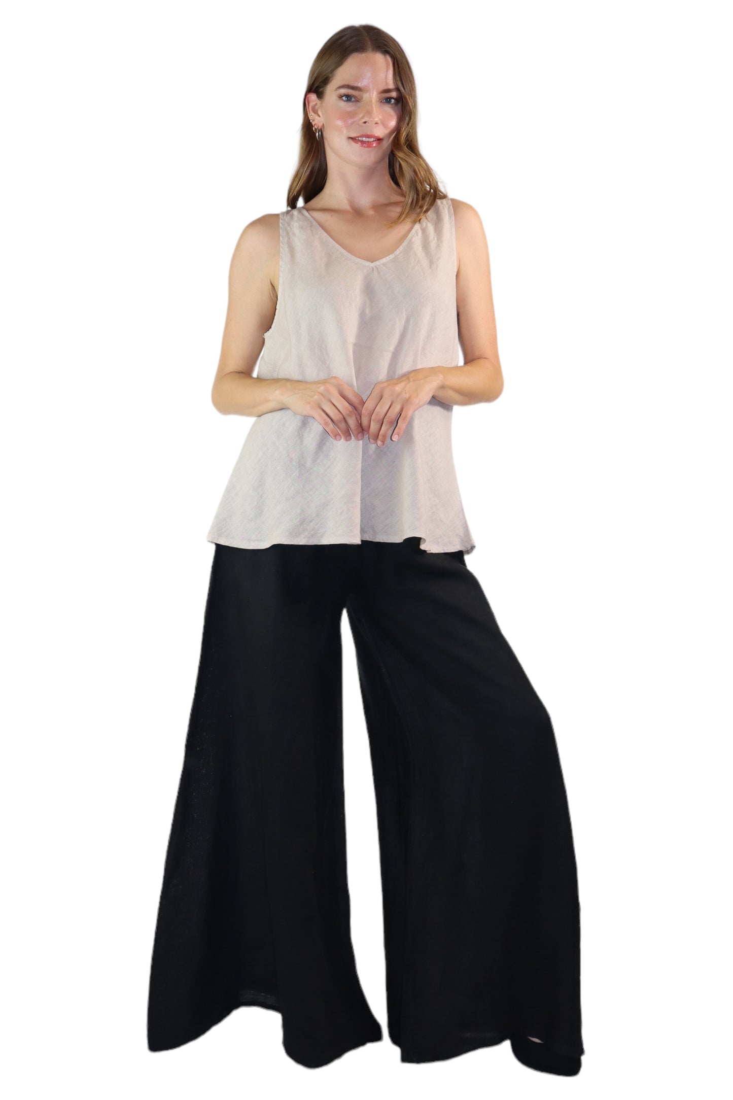 Womens 2 Piece Linen Sleeveless Top + Palazzo Pants Set