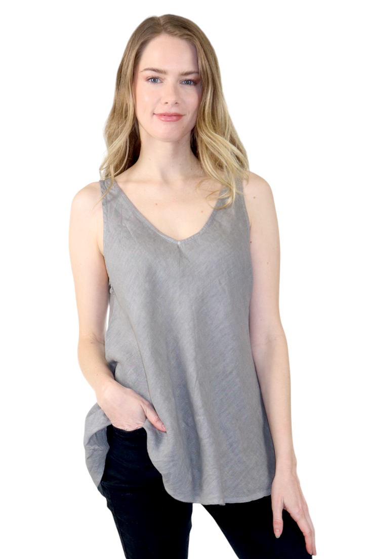 Womens Linen V-Neck Biased Cut Sleeveless Tank Top Tunic Blouse
