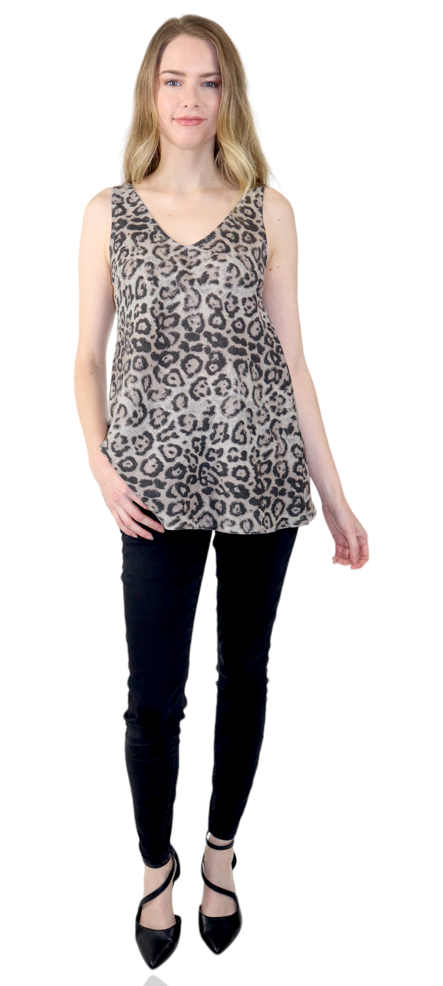 Womens Cheetah Print Linen V-Neck Biased Cut Sleeveless Tank Top Tunic Blouse