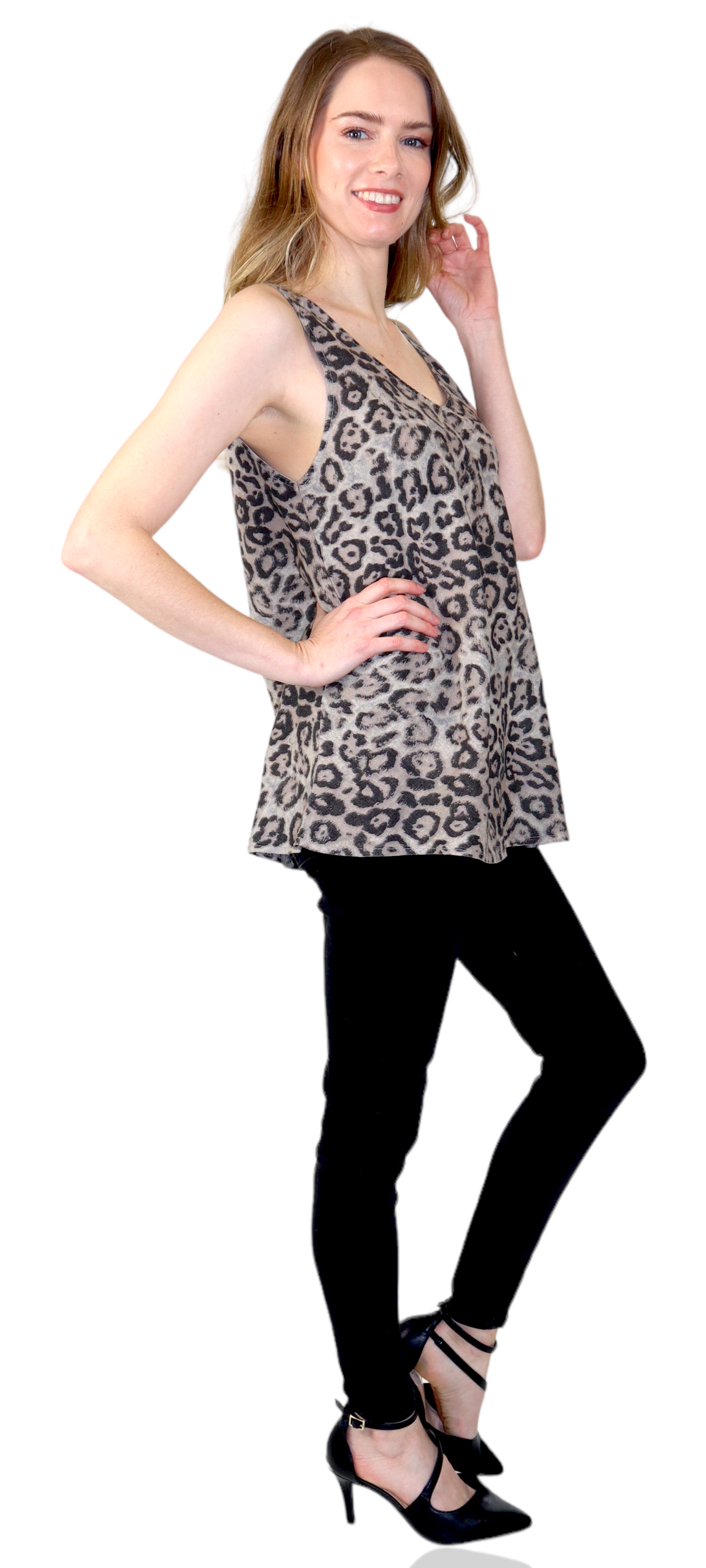 Womens Cheetah Print Linen V-Neck Biased Cut Sleeveless Tank Top Tunic Blouse