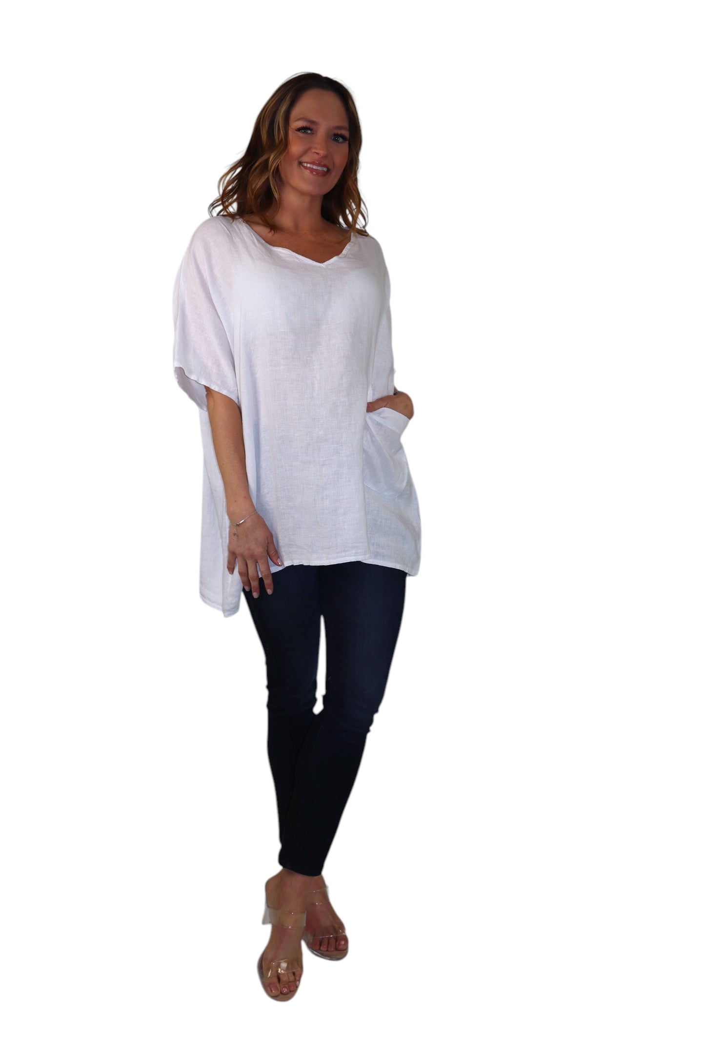 Womens 100% Linen Relaxed Fit V Neck Tee Tunic Blouse Top with Front Pocket, One Size Fits All