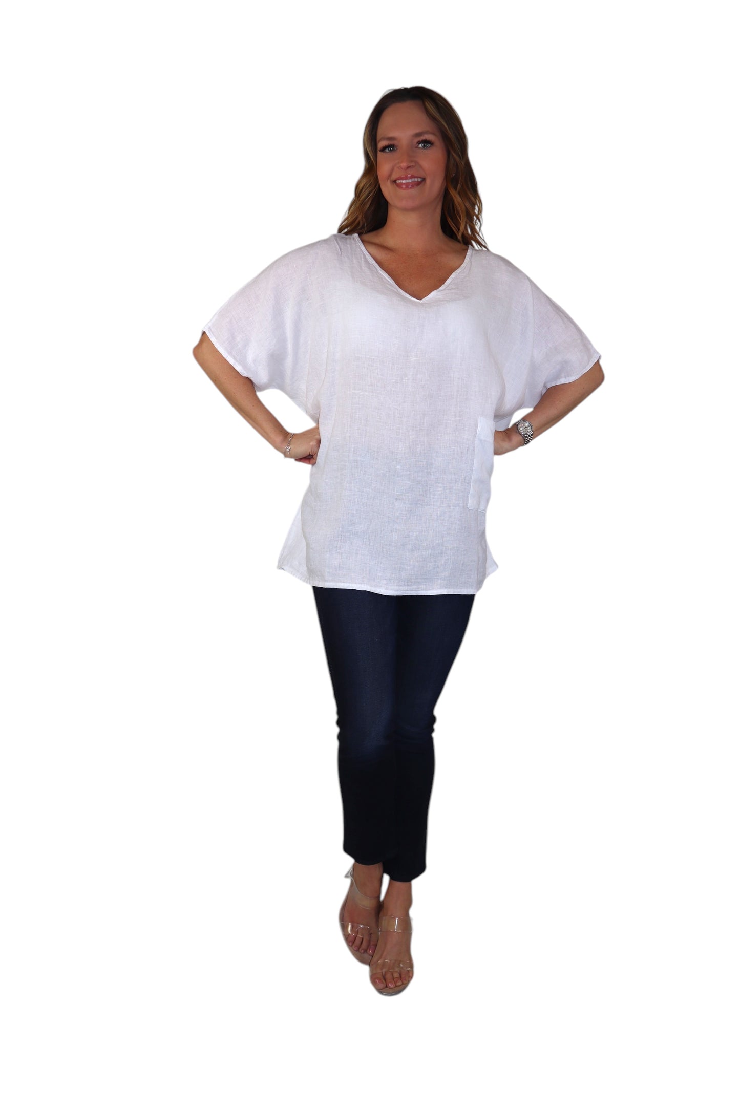 Womens 100% Linen Relaxed Fit V Neck Tee Tunic Blouse Top with Front Pocket, One Size Fits All
