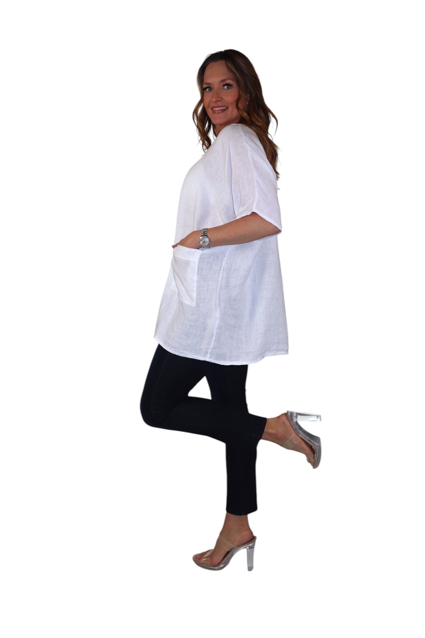 Womens 100% Linen Relaxed Fit V Neck Tee Tunic Blouse Top with Front Pocket, One Size Fits All