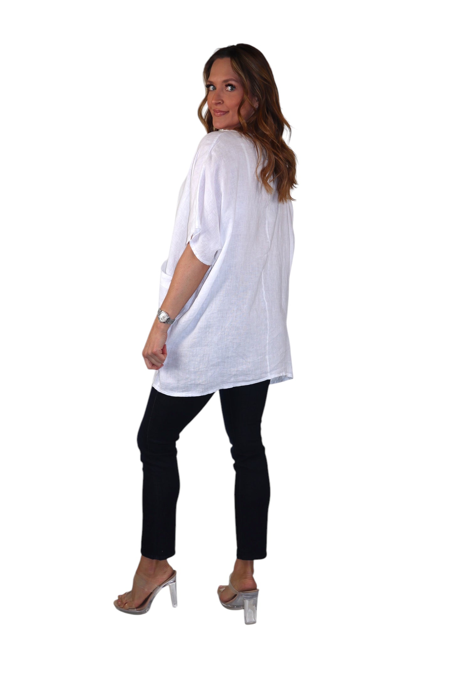 Womens 100% Linen Relaxed Fit V Neck Tee Tunic Blouse Top with Front Pocket, One Size Fits All