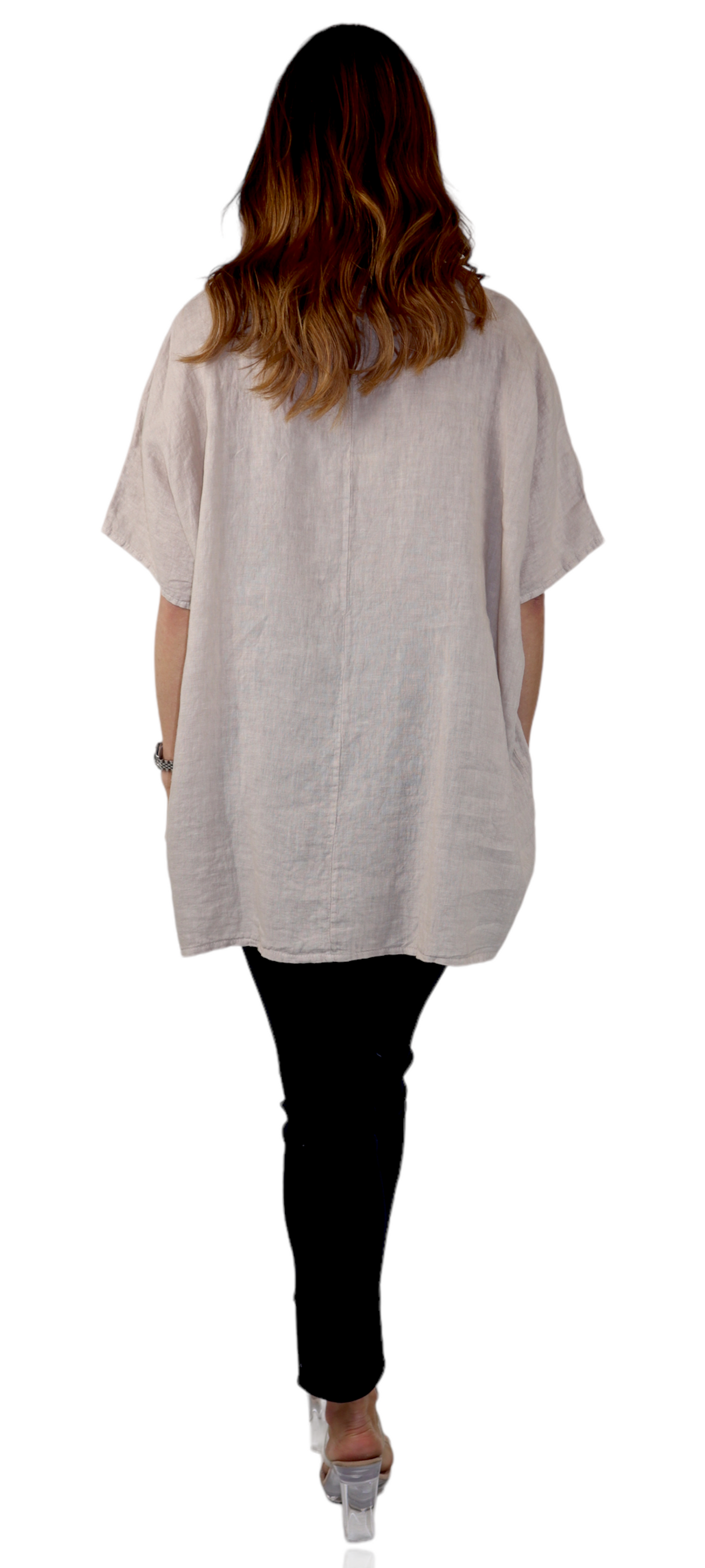 Womens 100% Linen Relaxed Fit V Neck Tee Tunic Blouse Top with Front Pocket, One Size Fits All