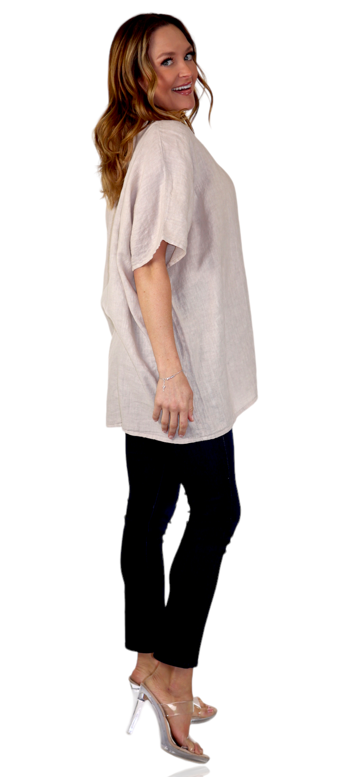 Womens 100% Linen Relaxed Fit V Neck Tee Tunic Blouse Top with Front Pocket, One Size Fits All