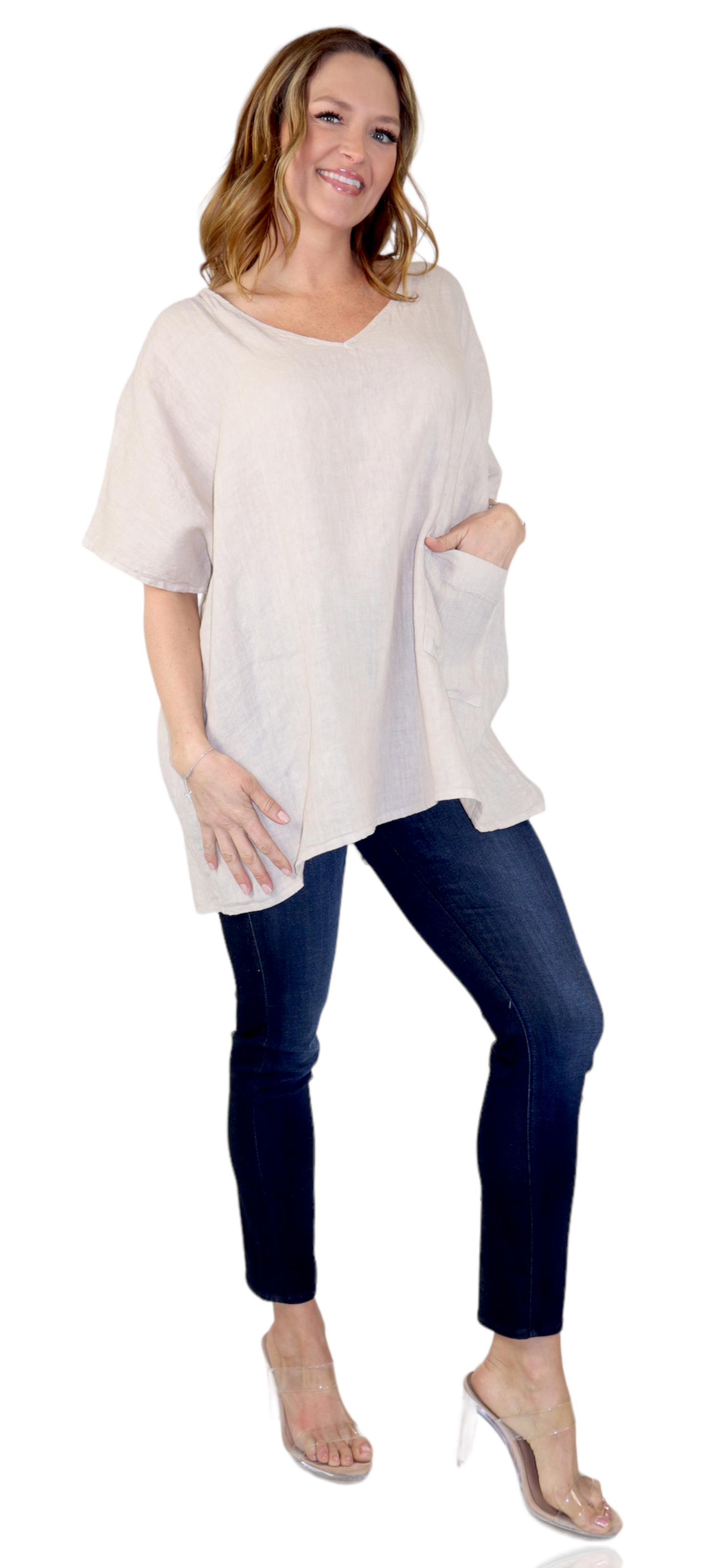 Womens 100% Linen Relaxed Fit V Neck Tee Tunic Blouse Top with Front Pocket, One Size Fits All
