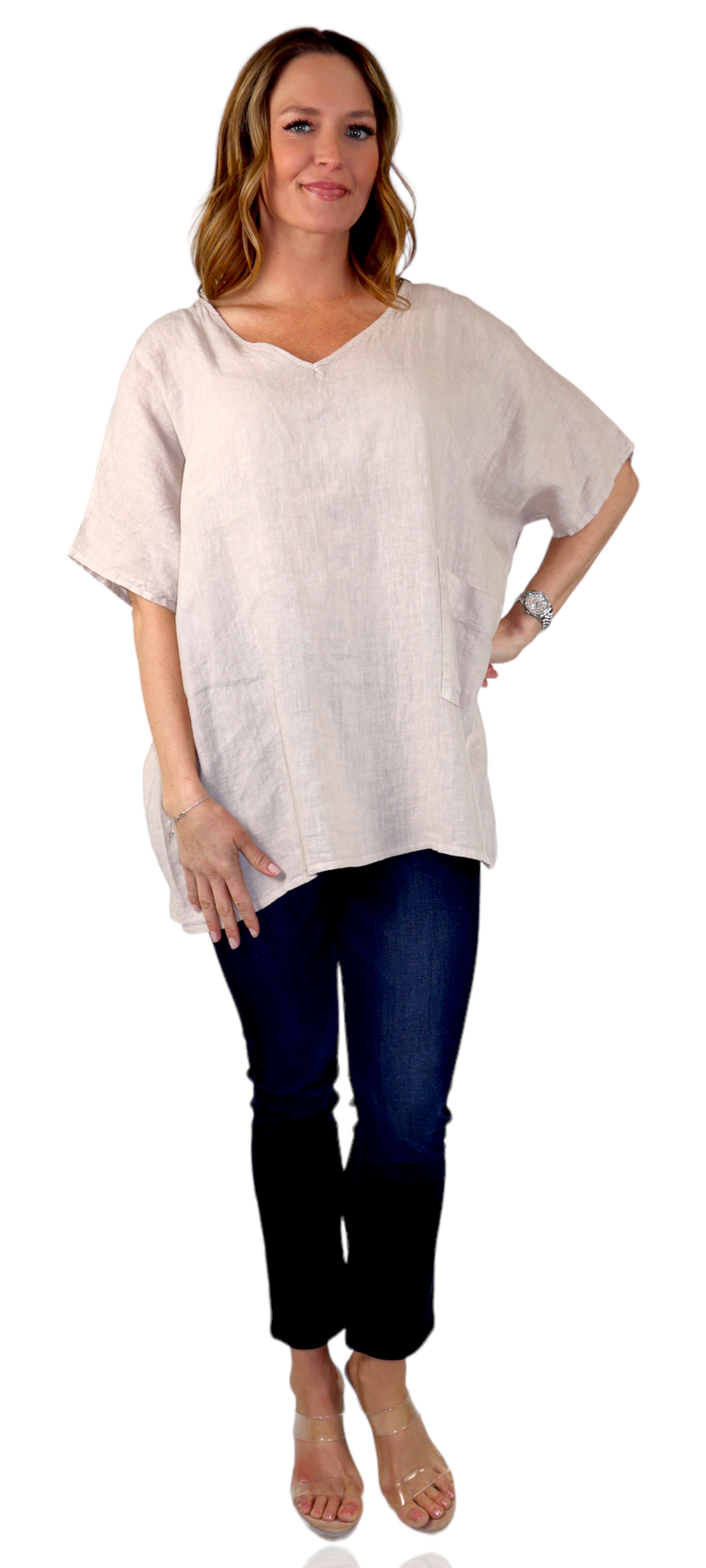 Womens 100% Linen Relaxed Fit V Neck Tee Tunic Blouse Top with Front Pocket, One Size Fits All