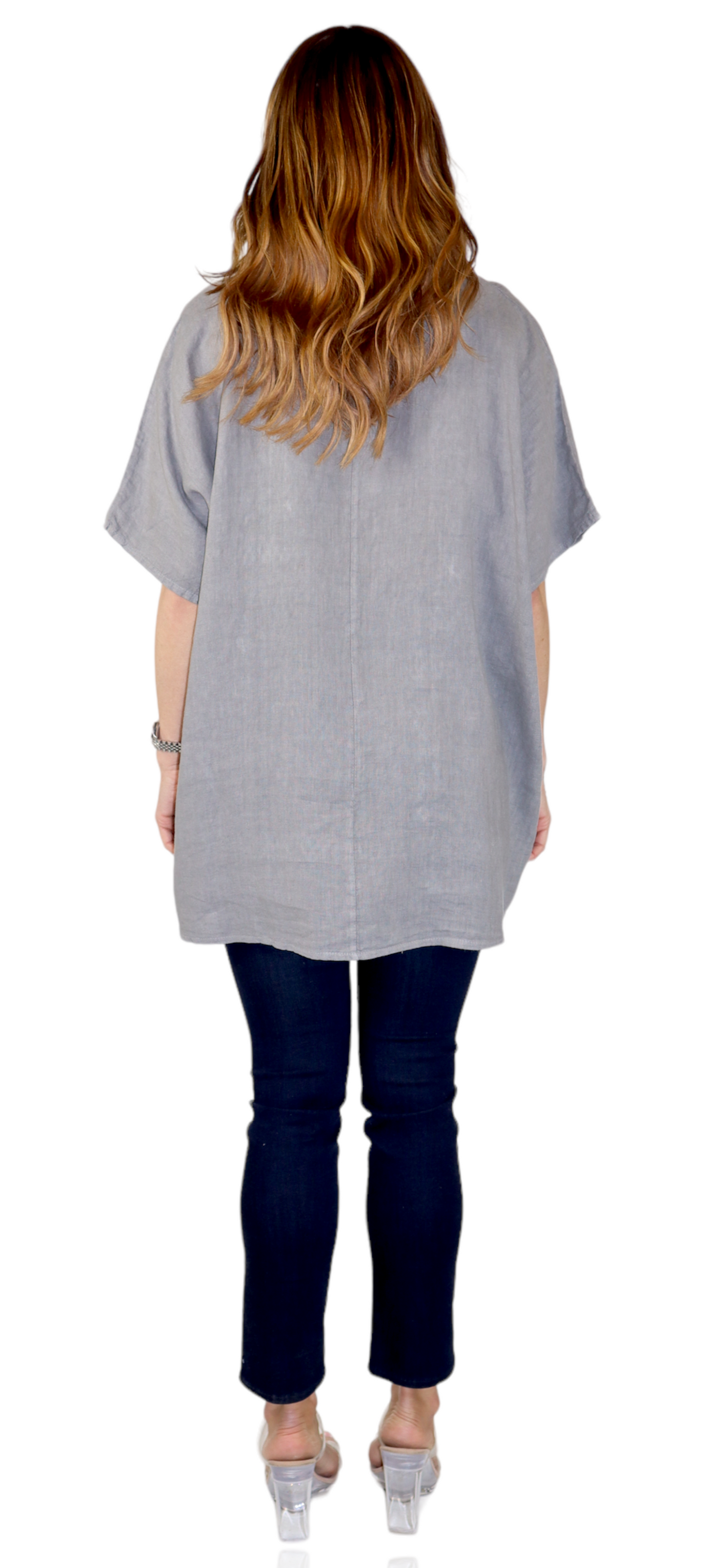 Womens 100% Linen Relaxed Fit V Neck Tee Tunic Blouse Top with Front Pocket, One Size Fits All