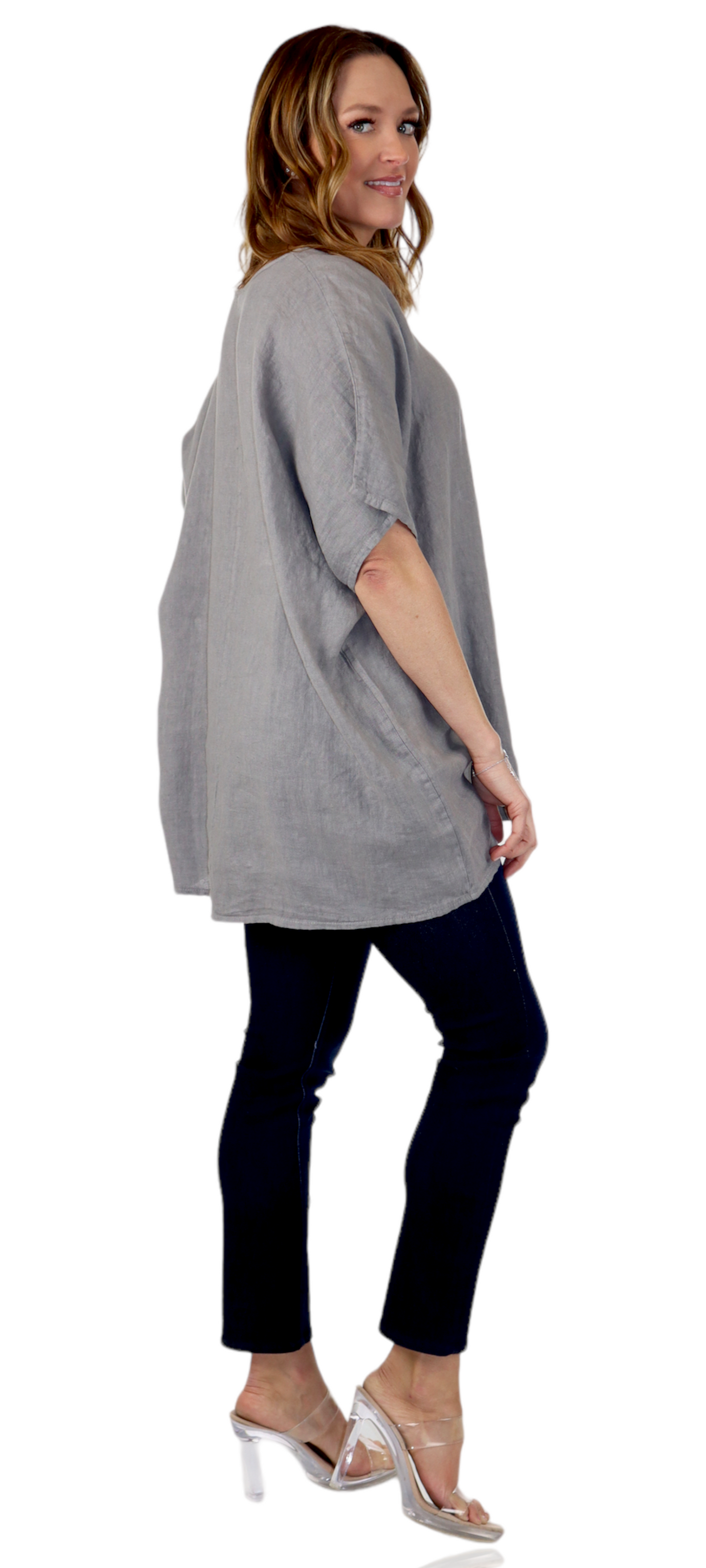 Womens 100% Linen Relaxed Fit V Neck Tee Tunic Blouse Top with Front Pocket, One Size Fits All