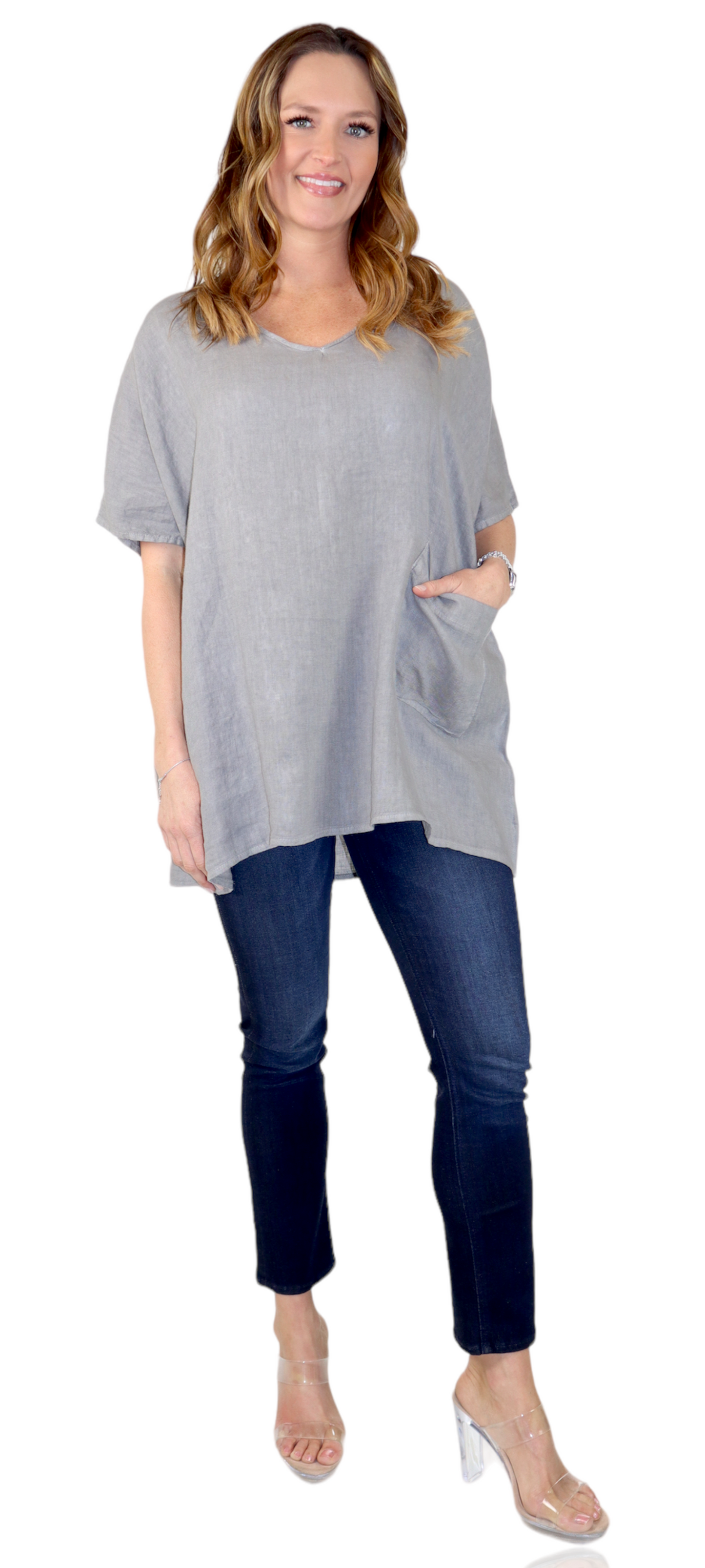 Womens 100% Linen Relaxed Fit V Neck Tee Tunic Blouse Top with Front Pocket, One Size Fits All