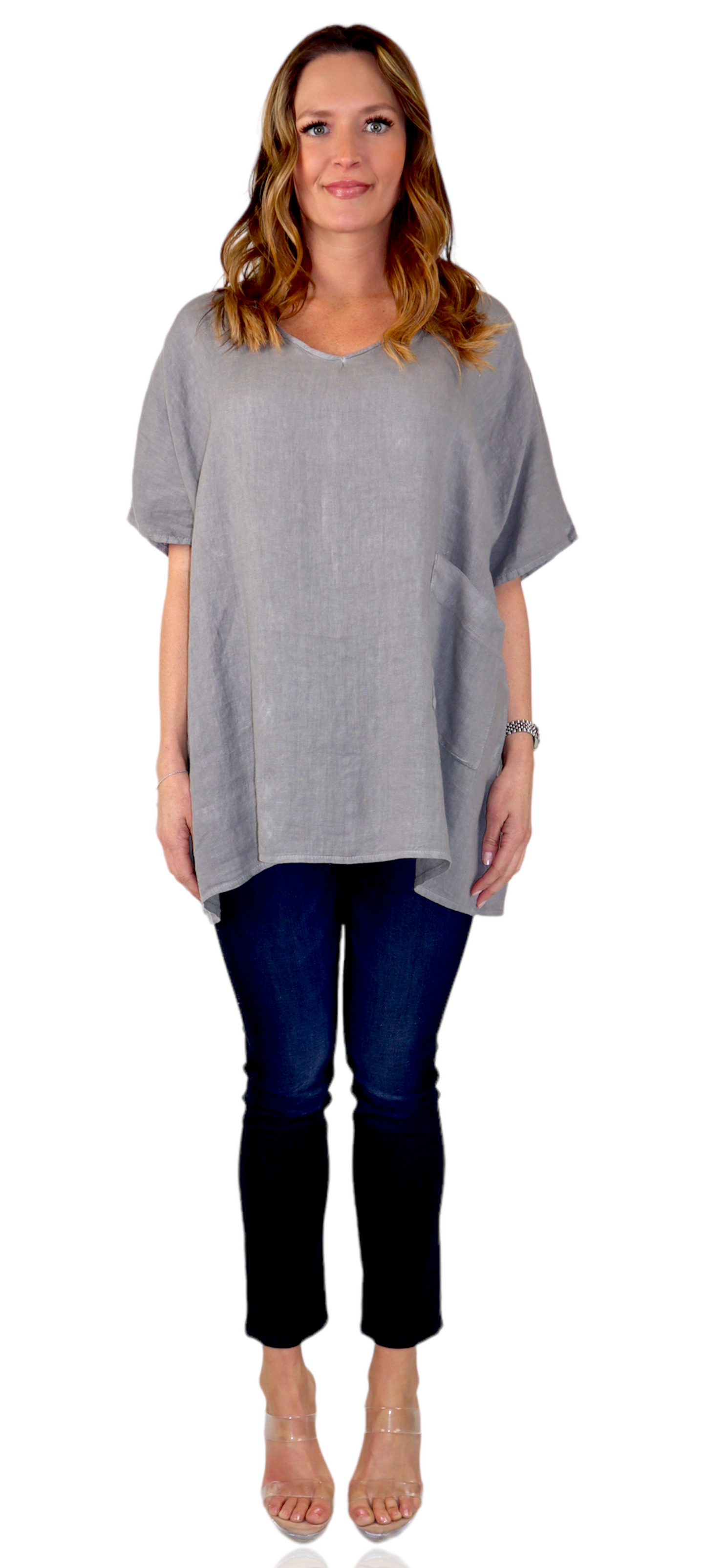 Womens 100% Linen Relaxed Fit V Neck Tee Tunic Blouse Top with Front Pocket, One Size Fits All