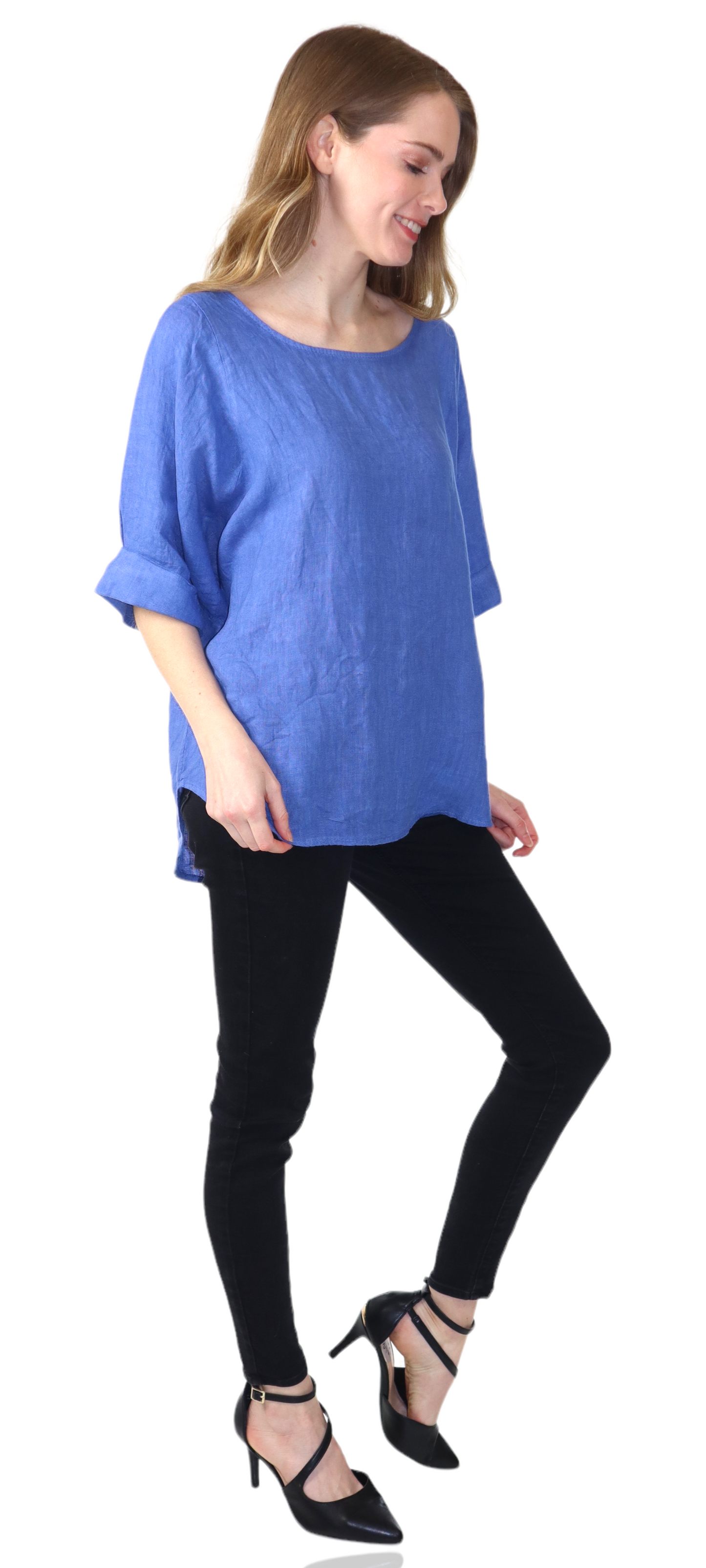 Womens 100% High Low Relaxed Fit Baggy Oversized Tunic Blouse Tee Top with Roll Up Sleeves | One Size Fits All