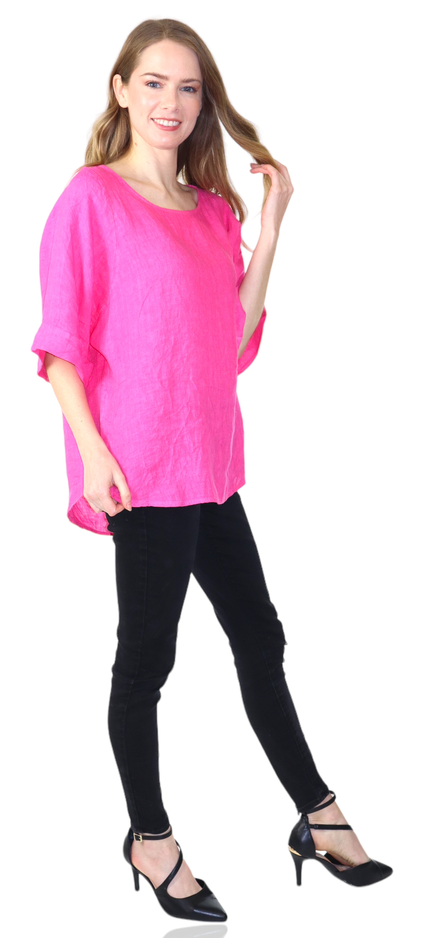 Womens 100% High Low Relaxed Fit Baggy Oversized Tunic Blouse Tee Top with Roll Up Sleeves | One Size Fits All