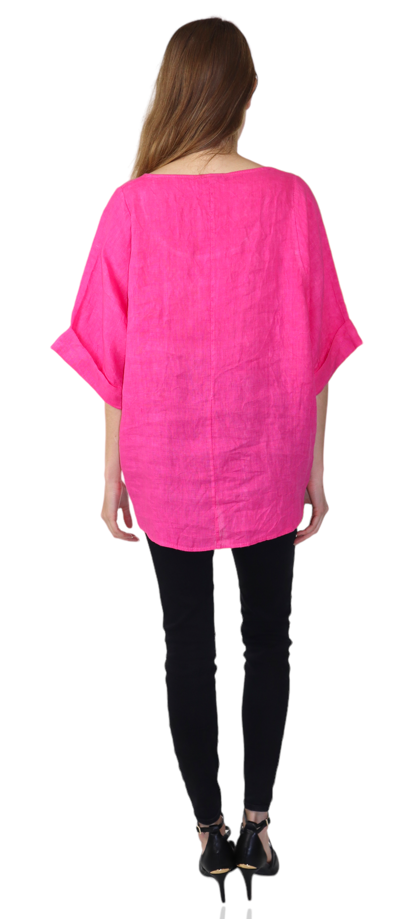 Womens 100% High Low Relaxed Fit Baggy Oversized Tunic Blouse Tee Top with Roll Up Sleeves | One Size Fits All