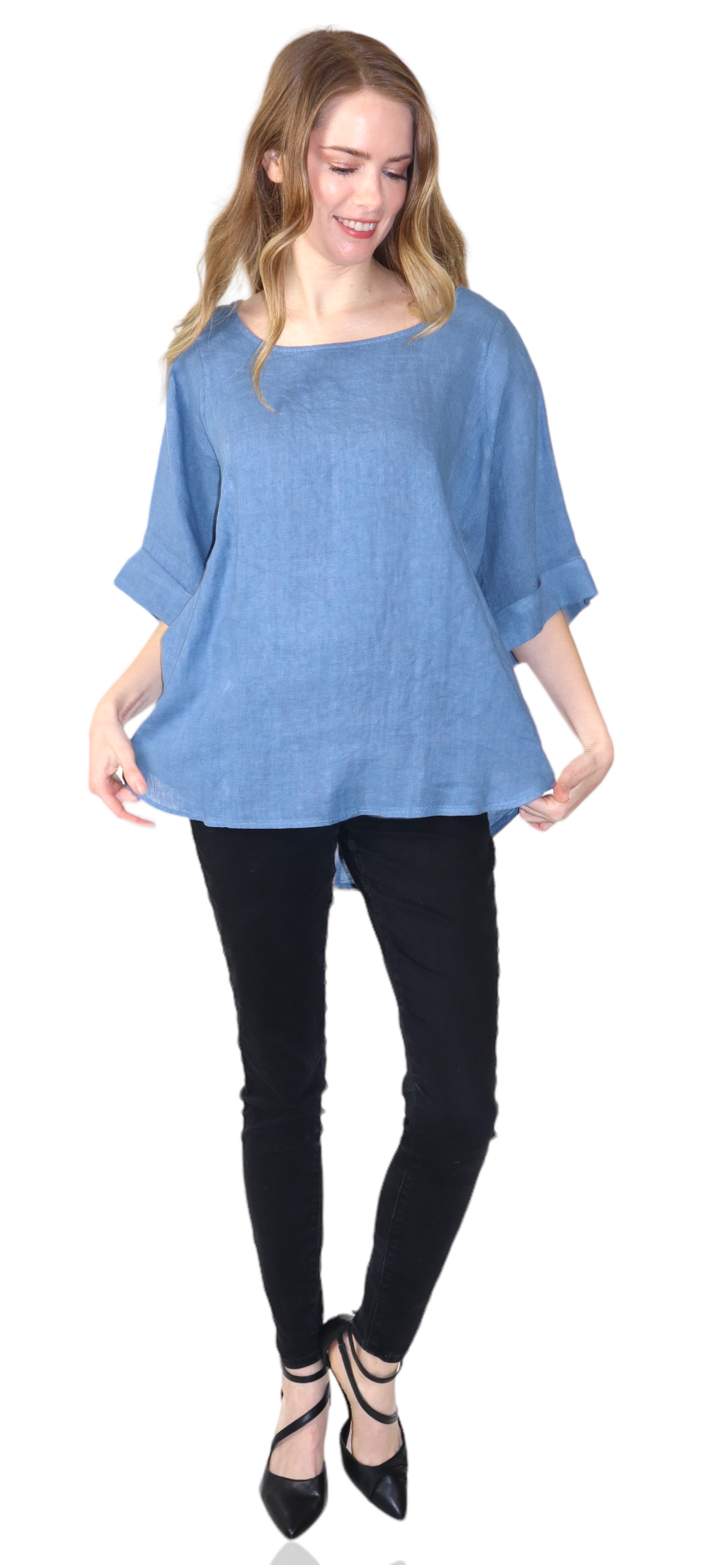 Womens 100% High Low Relaxed Fit Baggy Oversized Tunic Blouse Tee Top with Roll Up Sleeves | One Size Fits All
