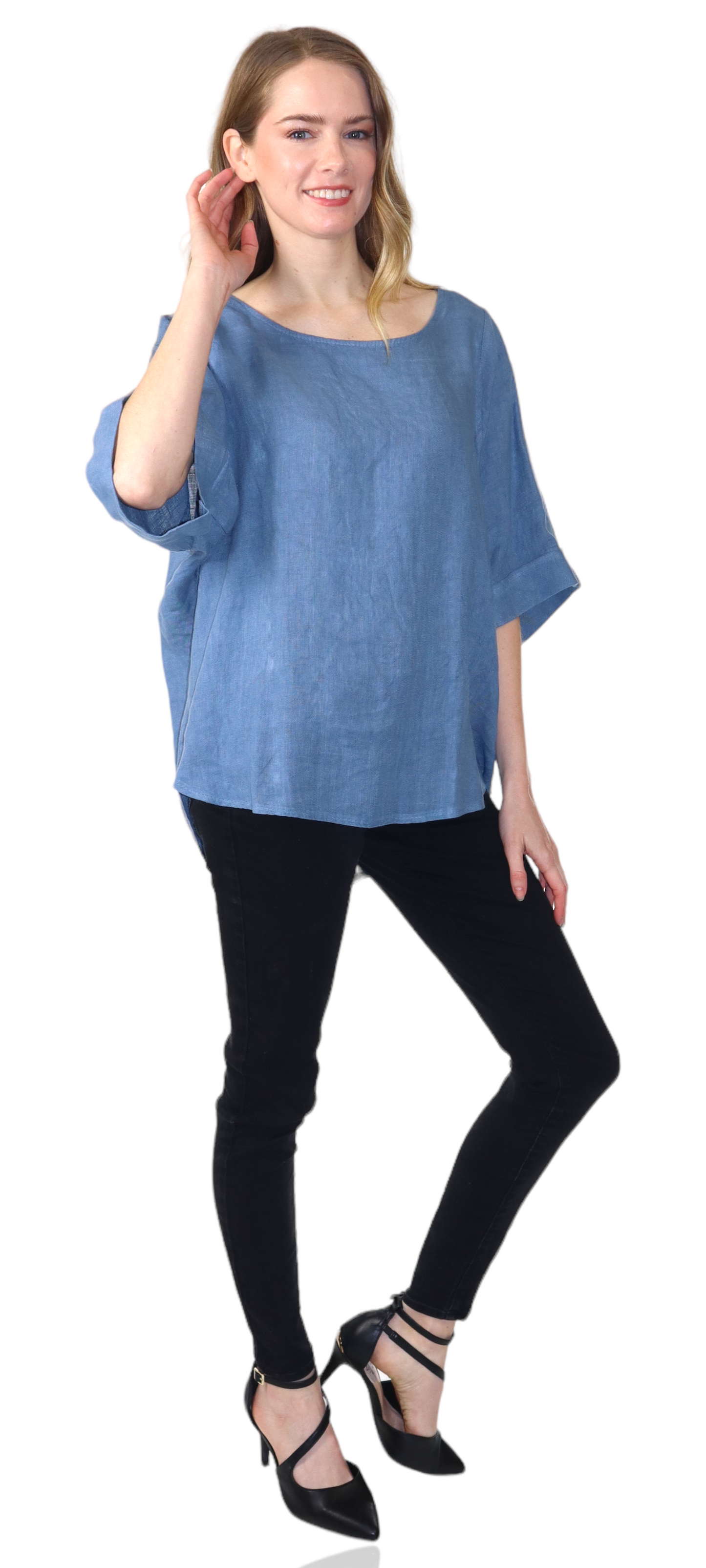 Womens 100% High Low Relaxed Fit Baggy Oversized Tunic Blouse Tee Top with Roll Up Sleeves | One Size Fits All