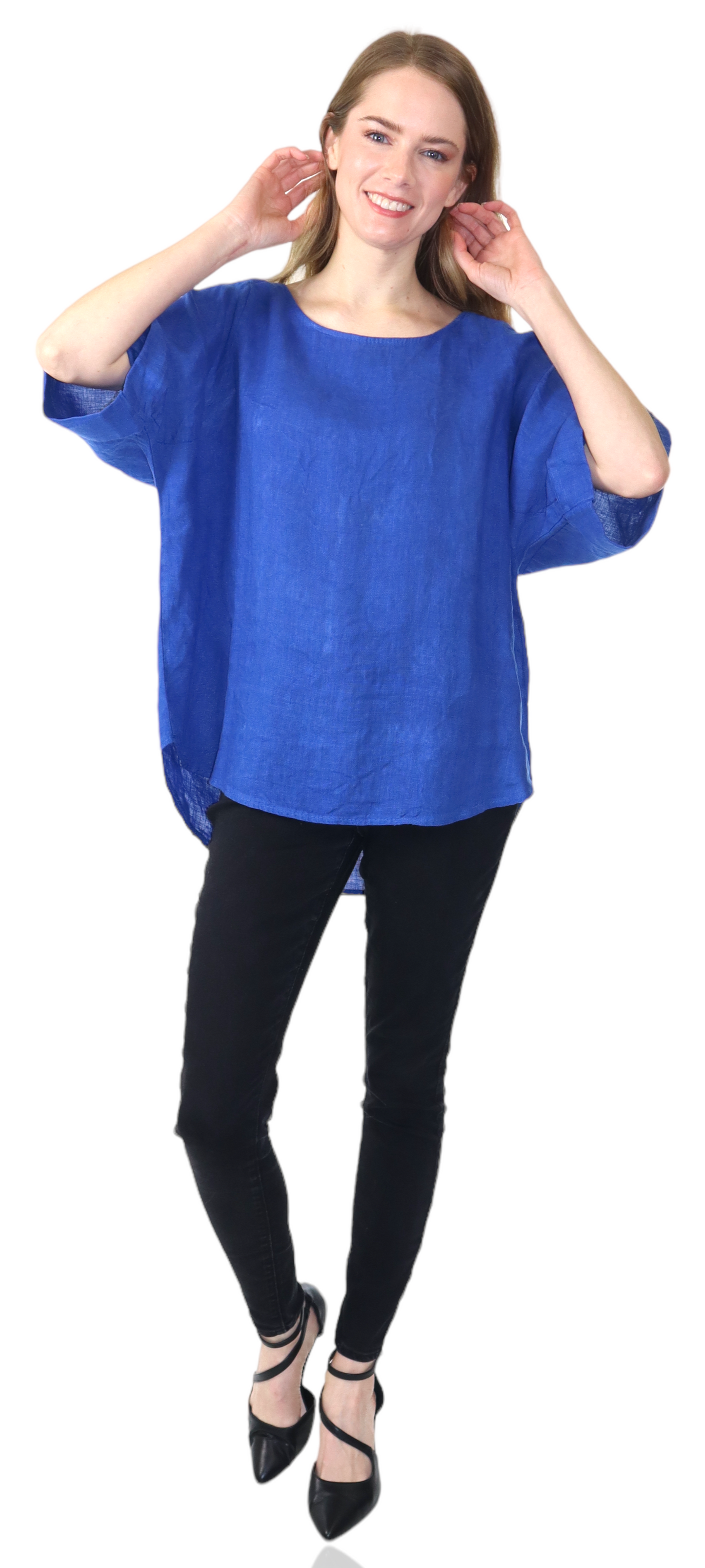 Womens 100% High Low Relaxed Fit Baggy Oversized Tunic Blouse Tee Top with Roll Up Sleeves | One Size Fits All