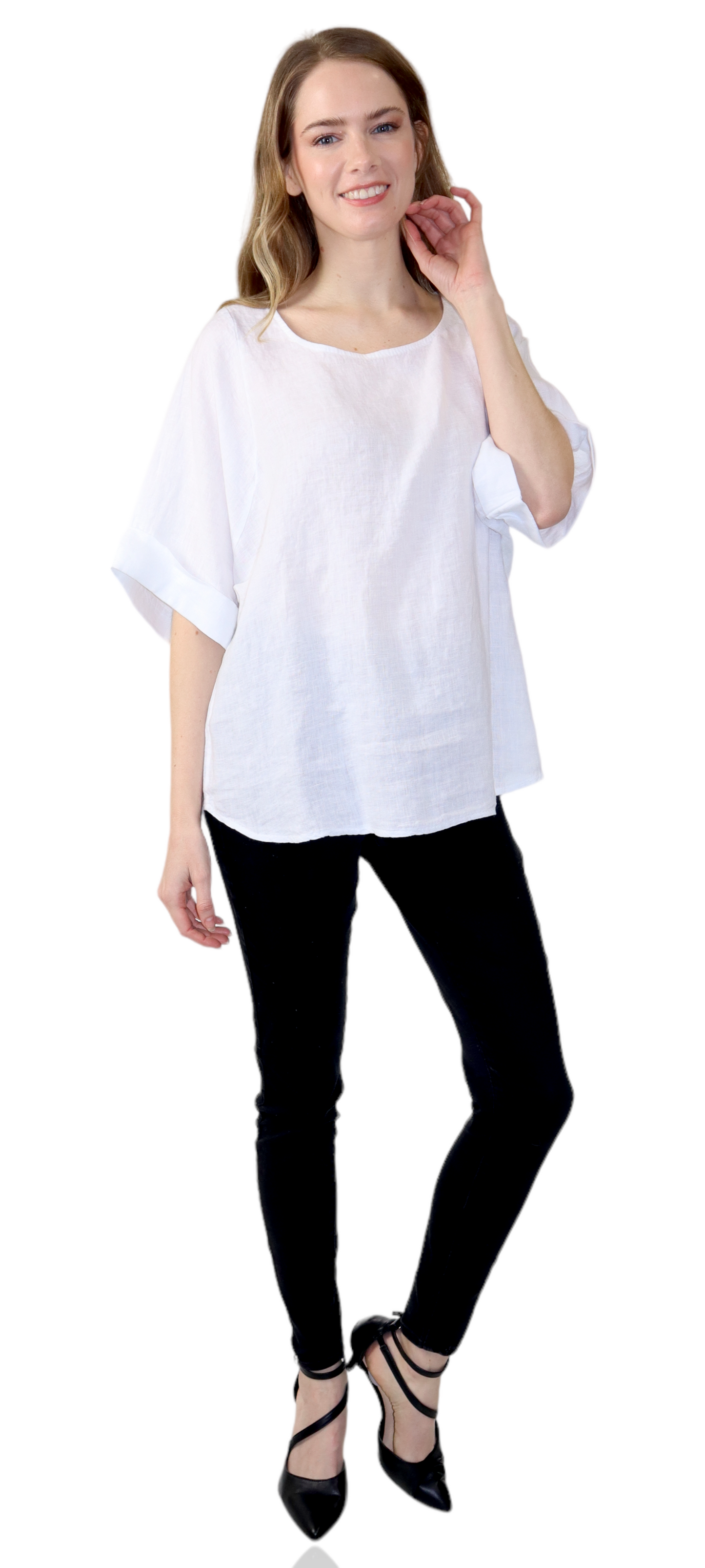 Womens 100% High Low Relaxed Fit Baggy Oversized Tunic Blouse Tee Top with Roll Up Sleeves | One Size Fits All