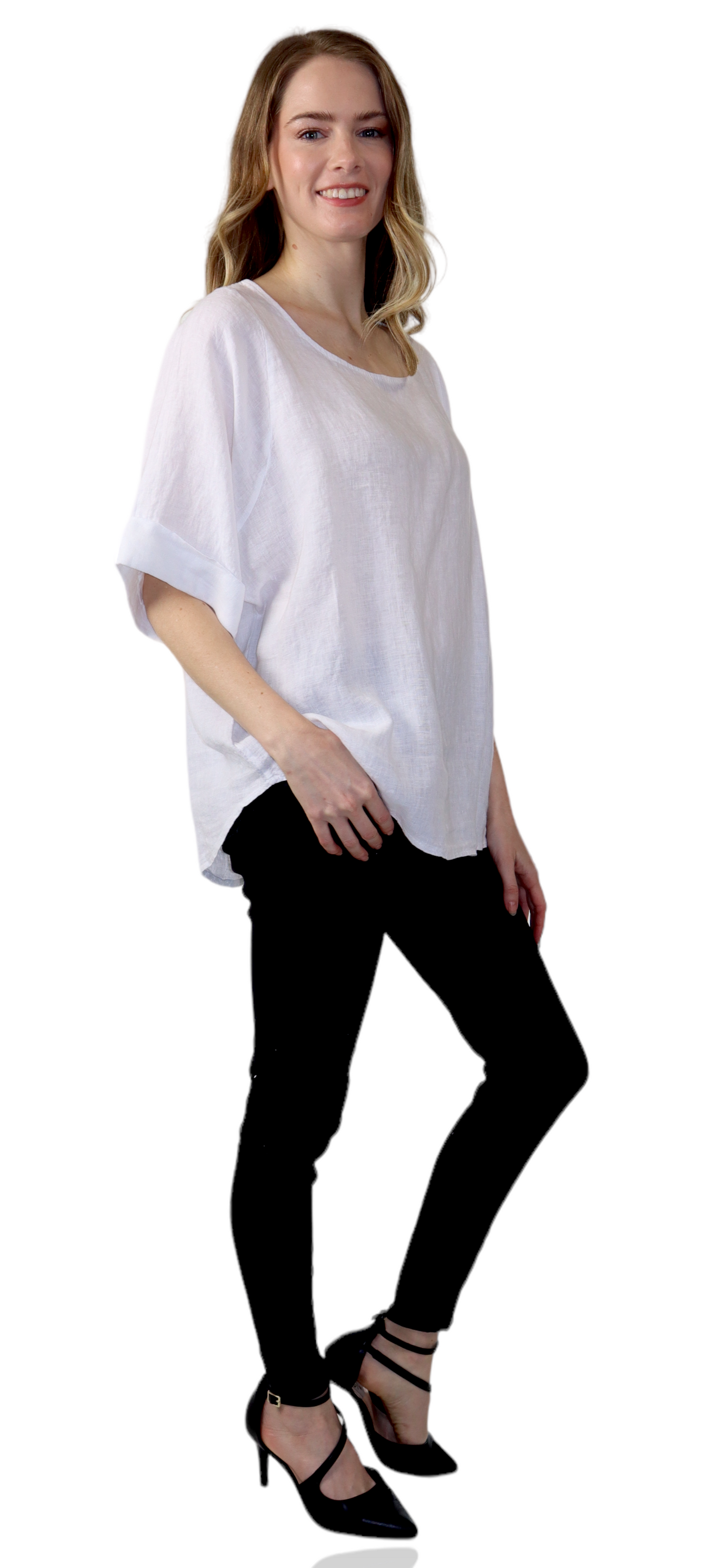 Womens 100% High Low Relaxed Fit Baggy Oversized Tunic Blouse Tee Top with Roll Up Sleeves | One Size Fits All
