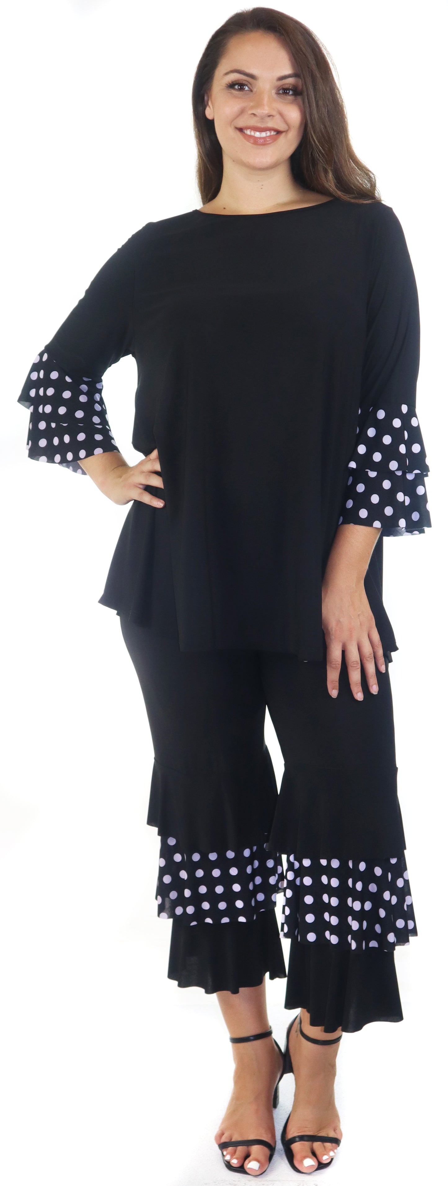 Womens 2 Piece Ruffled Polka Dot Top and Pants Set, Regular and Plus Sizes, Handmade in USA