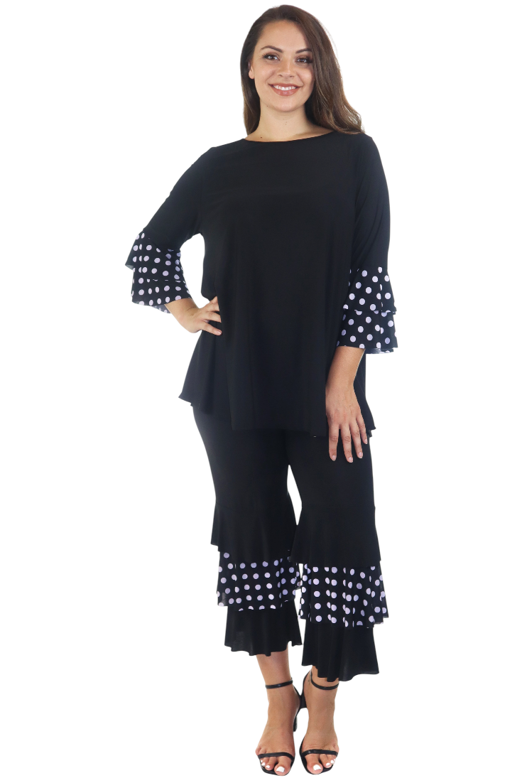 Womens 2 Piece Ruffled Polka Dot Top and Pants Set, Regular and Plus Sizes, Handmade in USA