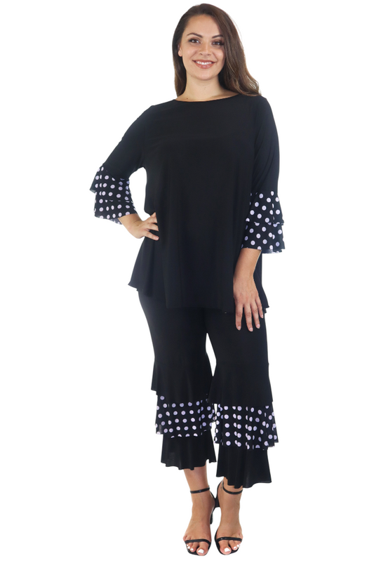 Womens 2 Piece Ruffled Polka Dot Top and Pants Set, Regular and Plus Sizes, Handmade in USA