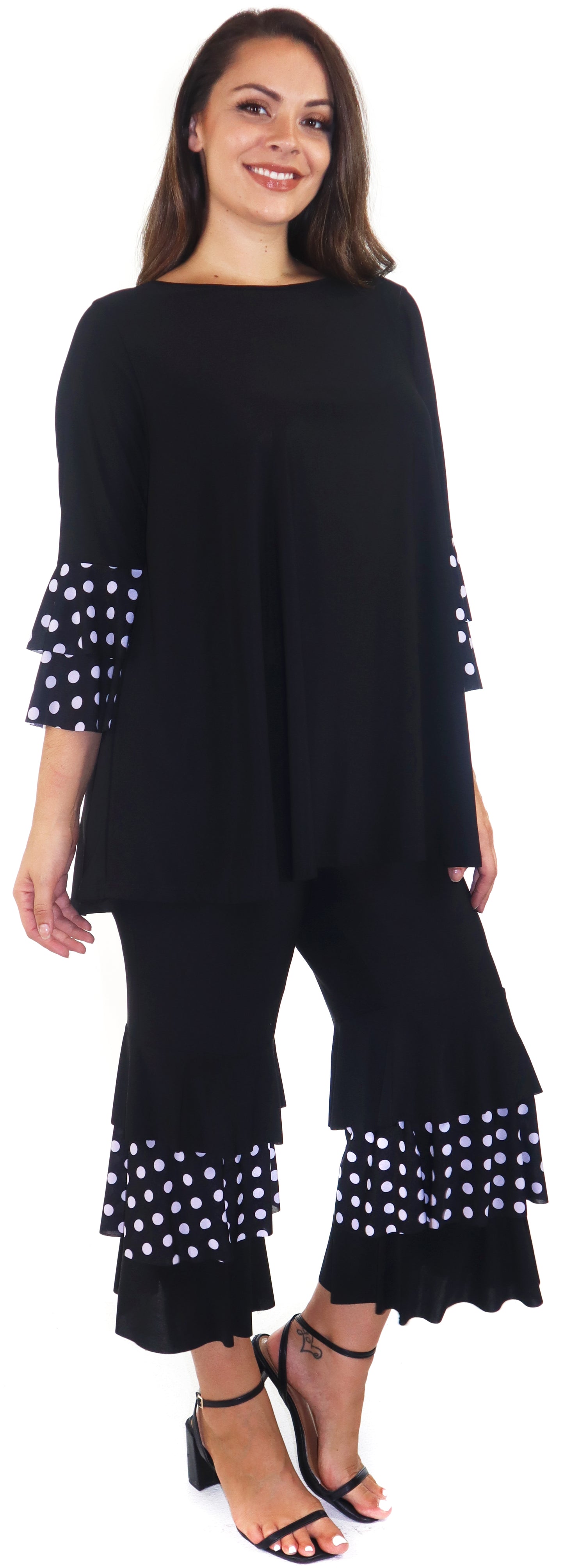 Womens 2 Piece Ruffled Polka Dot Top and Pants Set, Regular and Plus Sizes, Handmade in USA