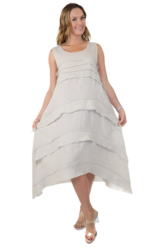 Women's Asymmetrical Hi Low Maxi Dress, 7 Ruffle Trim, 100% Natural Linen and Made in Italy, Regular and Plus Sizes