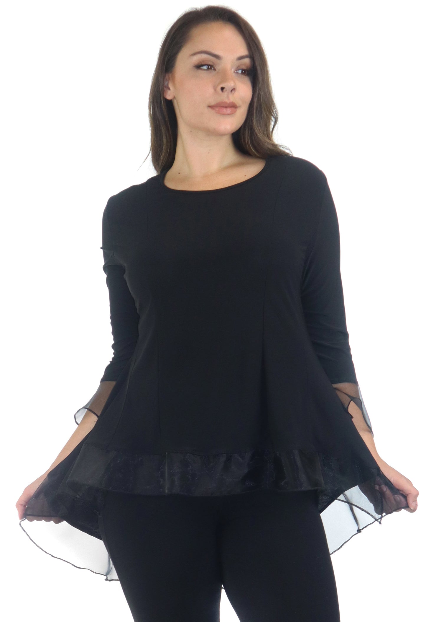 Womens High Low Tunic Blouse Top with Organza Sleeves and Hemline, Regular and Plus Sizes