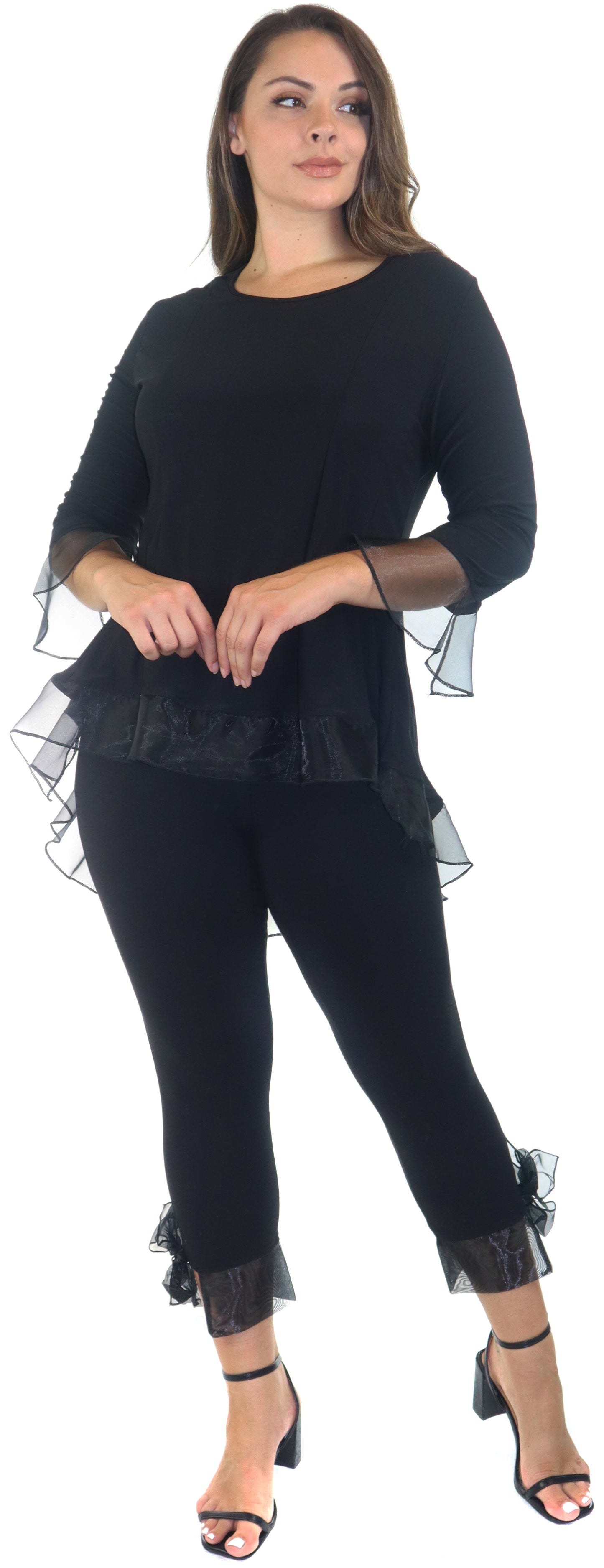 Womens High Low Tunic Blouse Top with Organza Sleeves and Hemline, Regular and Plus Sizes