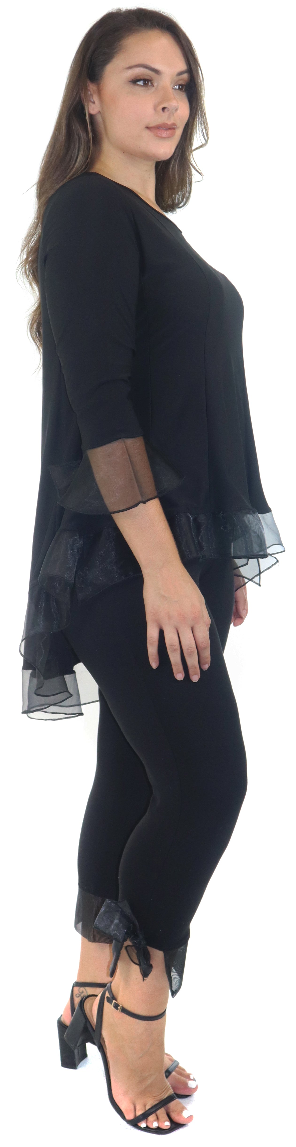 Womens High Low Tunic Blouse Top with Organza Sleeves and Hemline, Regular and Plus Sizes