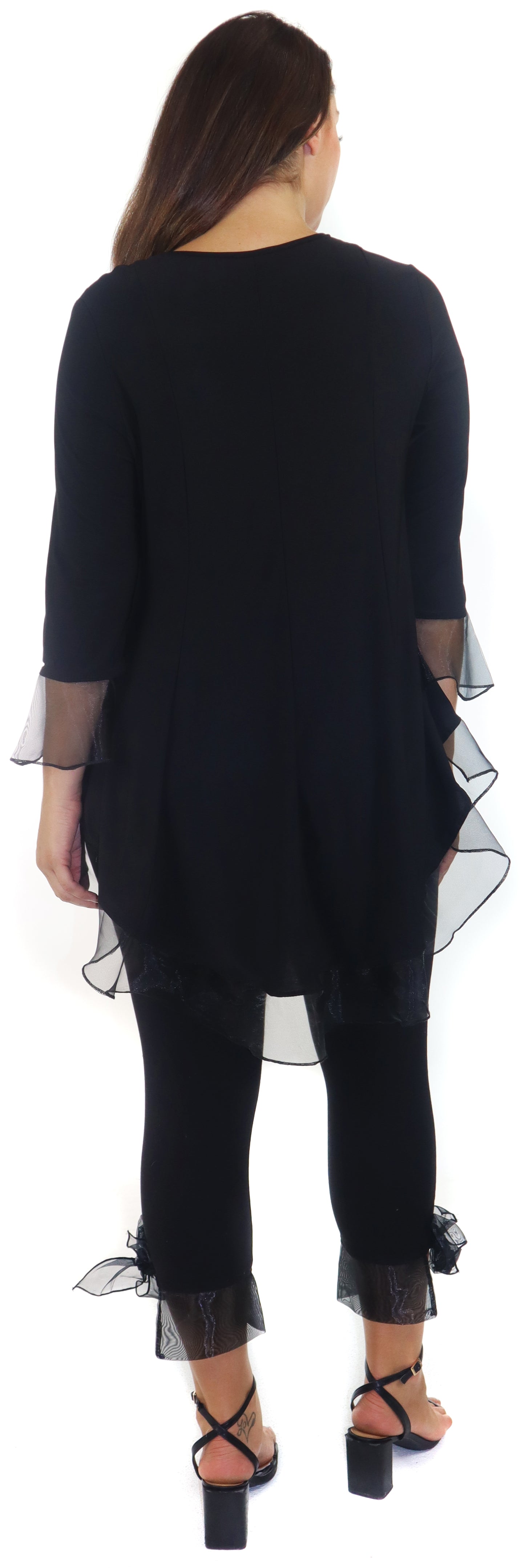 Womens High Low Tunic Blouse Top with Organza Sleeves and Hemline, Regular and Plus Sizes