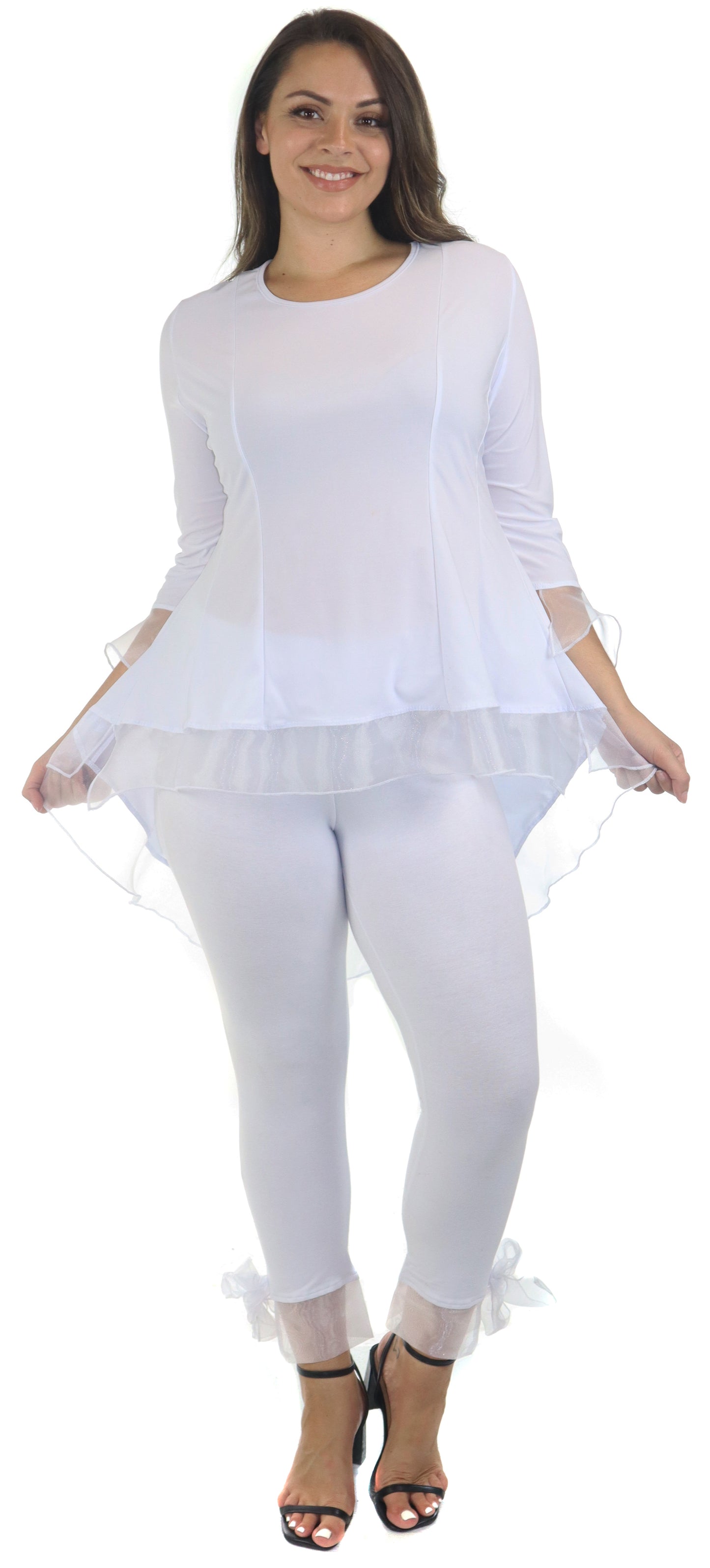 Womens High Low Tunic Blouse Top with Organza Sleeves and Hemline, Regular and Plus Sizes