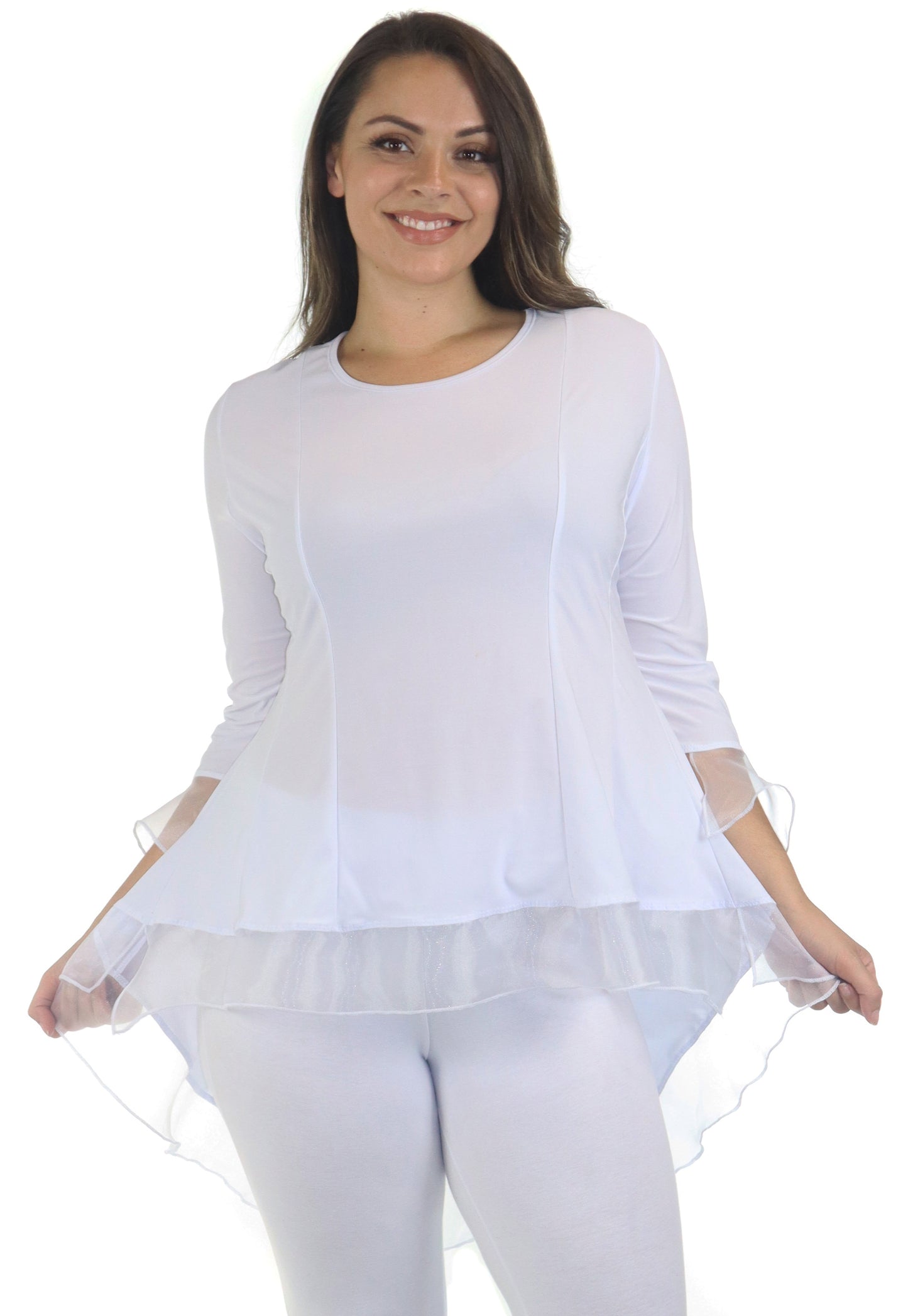 Womens High Low Tunic Blouse Top with Organza Sleeves and Hemline, Regular and Plus Sizes