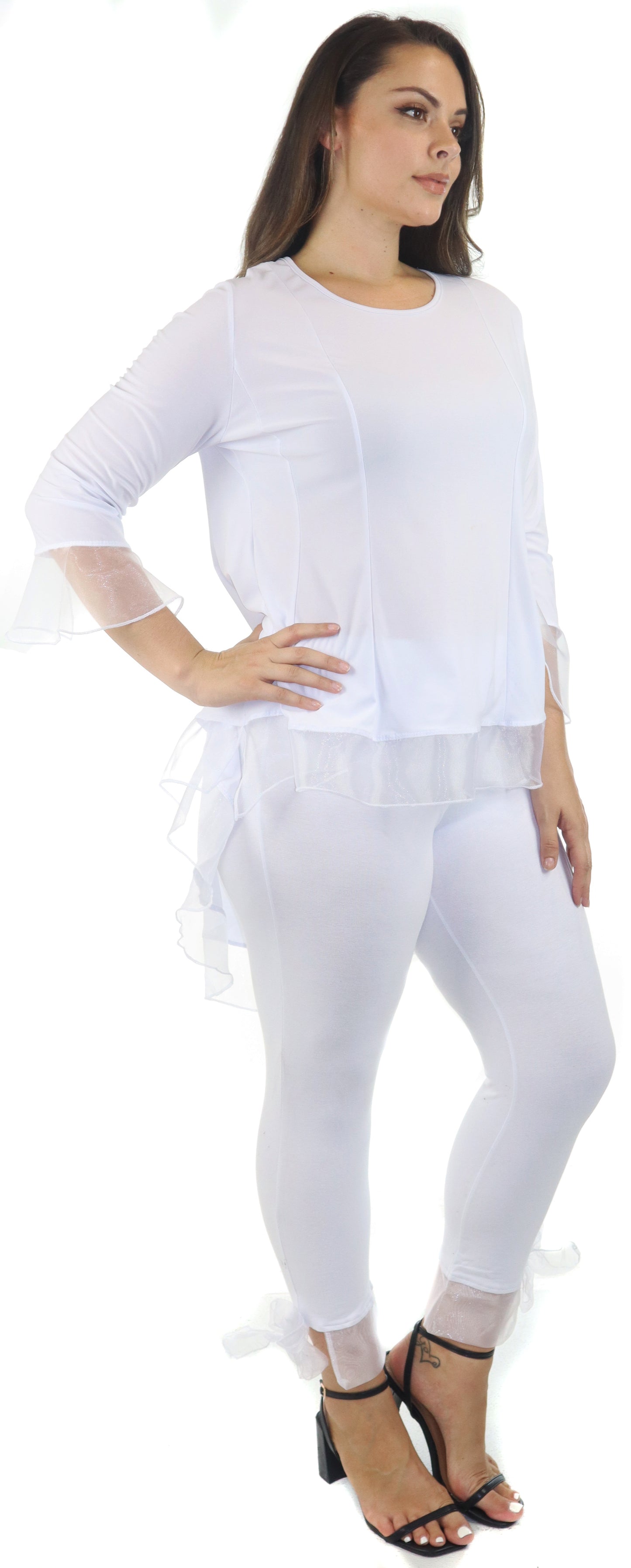 Womens High Low Tunic Blouse Top with Organza Sleeves and Hemline, Regular and Plus Sizes