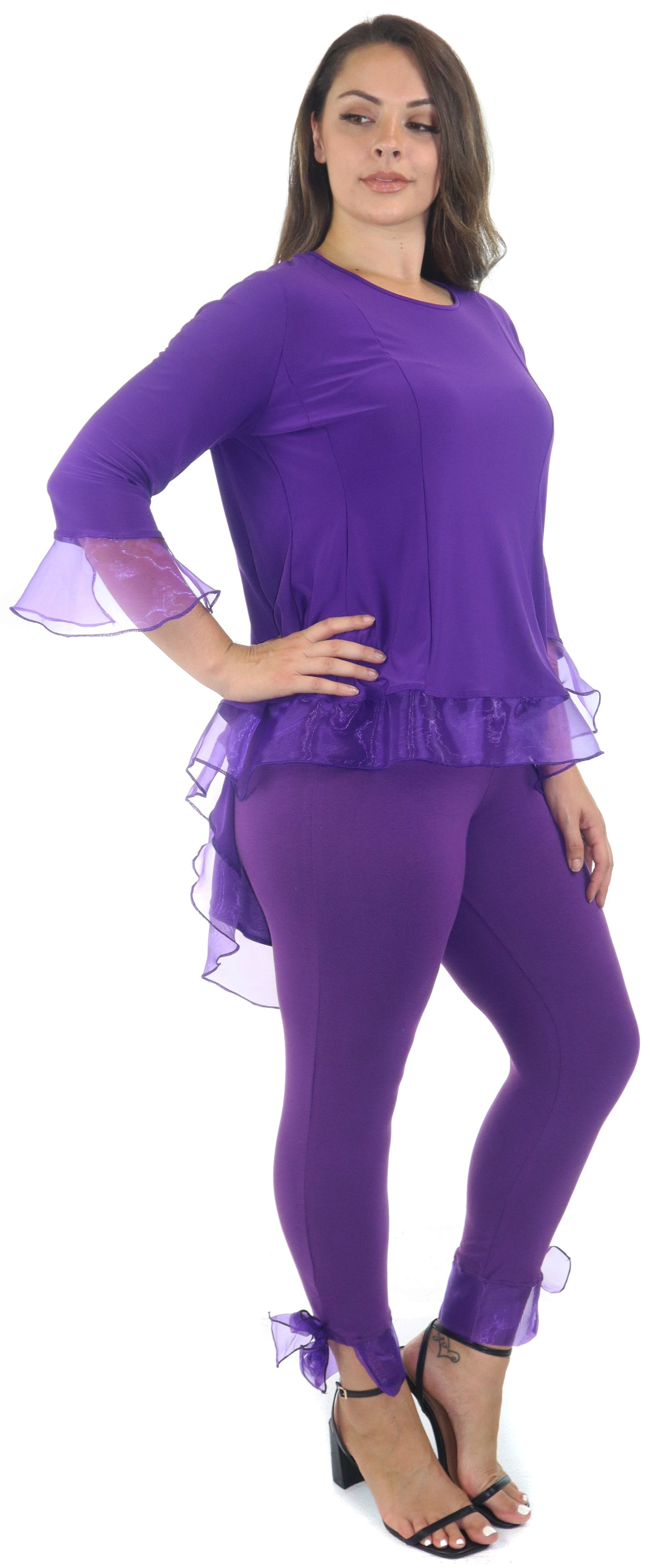 Womens High Low Tunic Blouse Top with Organza Sleeves and Hemline, Regular and Plus Sizes