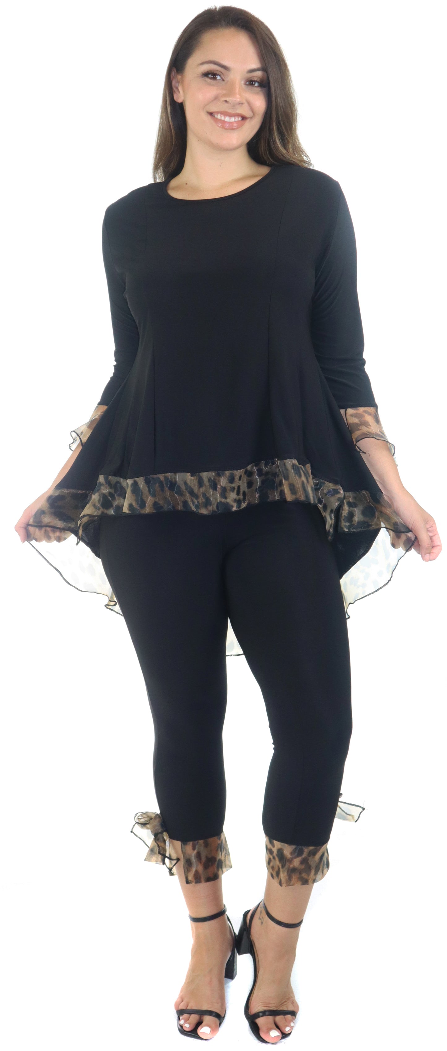 Womens High Low Tunic Blouse Top with Organza Sleeves and Hemline, Regular and Plus Sizes