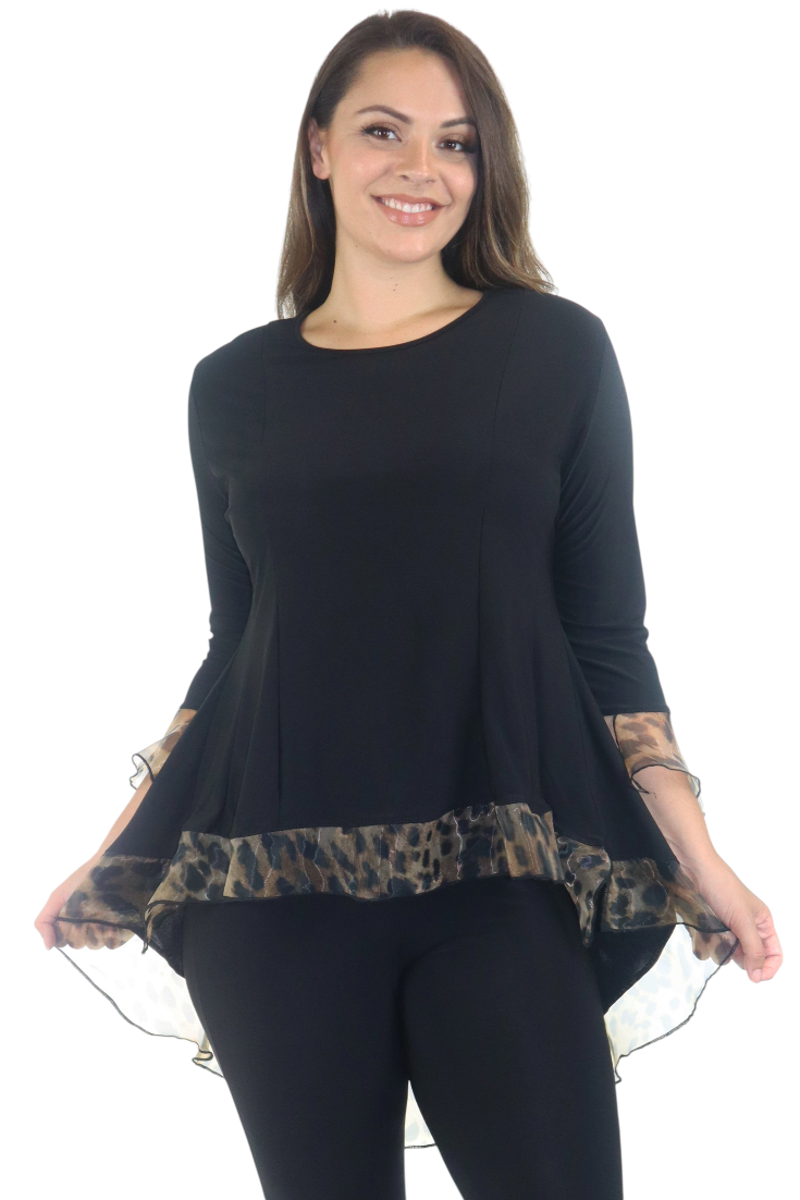 Womens High Low Tunic Blouse Top with Organza Sleeves and Hemline, Regular and Plus Sizes