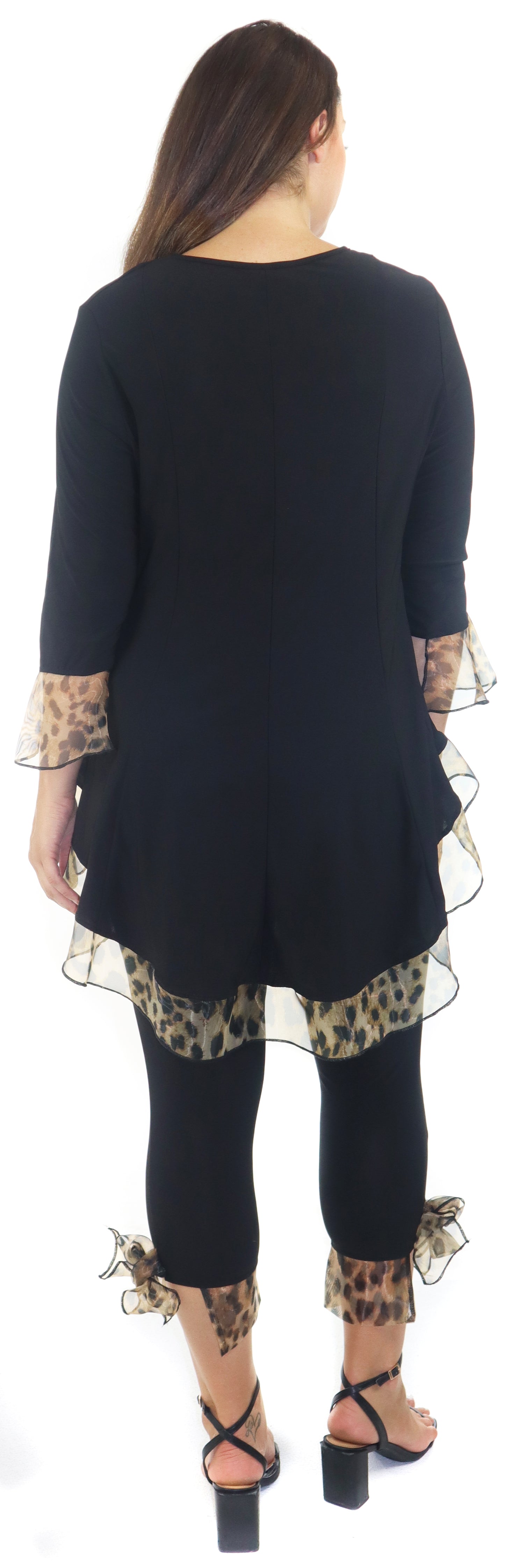 Womens High Low Tunic Blouse Top with Organza Sleeves and Hemline, Regular and Plus Sizes