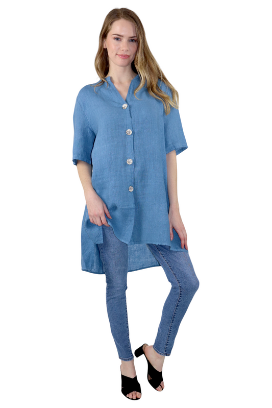 Womens Linen Button Down High Low Tunic Blouse Dress Top