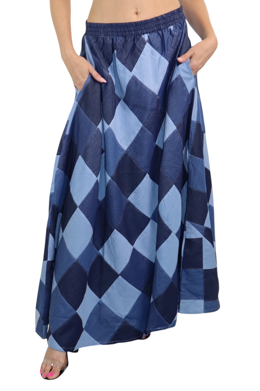 Denim Checkered A line Bohemian Flared Skirt with Elastic Waist