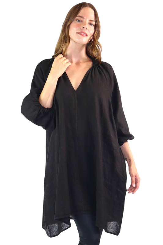 Womens 100% Linen Puff Sleeved V Neck Tunic Blouse Top w/Side Pockets | One Size Fits All (Small-2X)