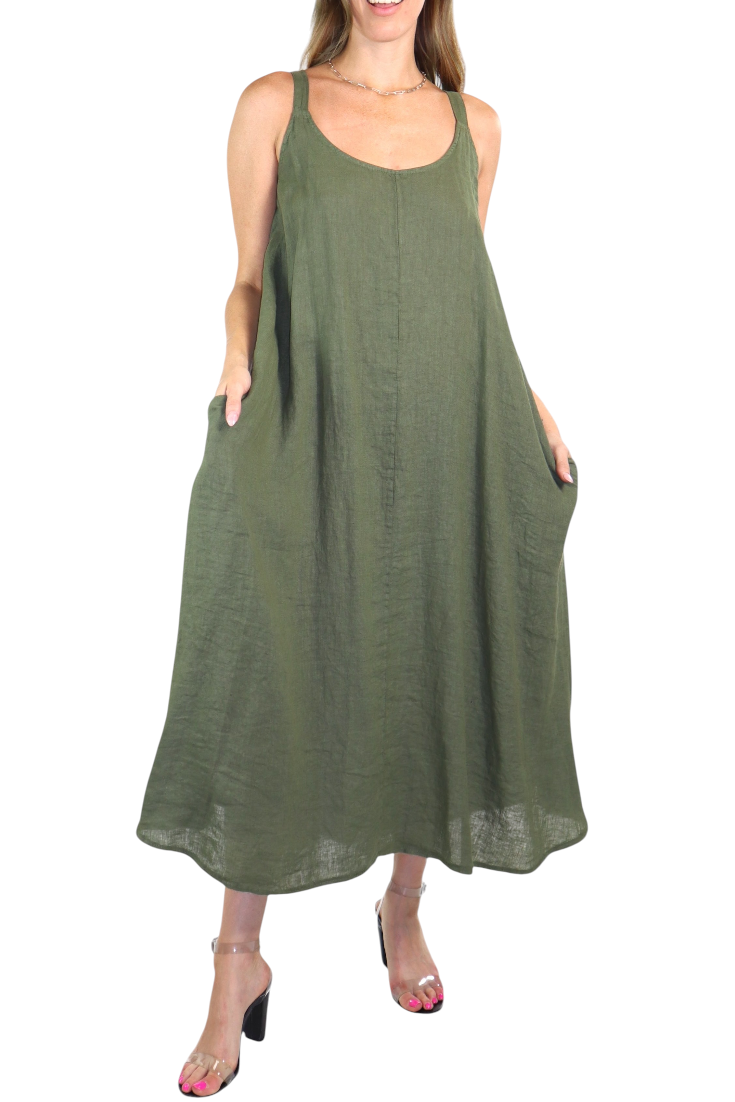 Womens 100% Linen Spaghetti Strap Maxi Dress | One Size Fits All (S-XL)